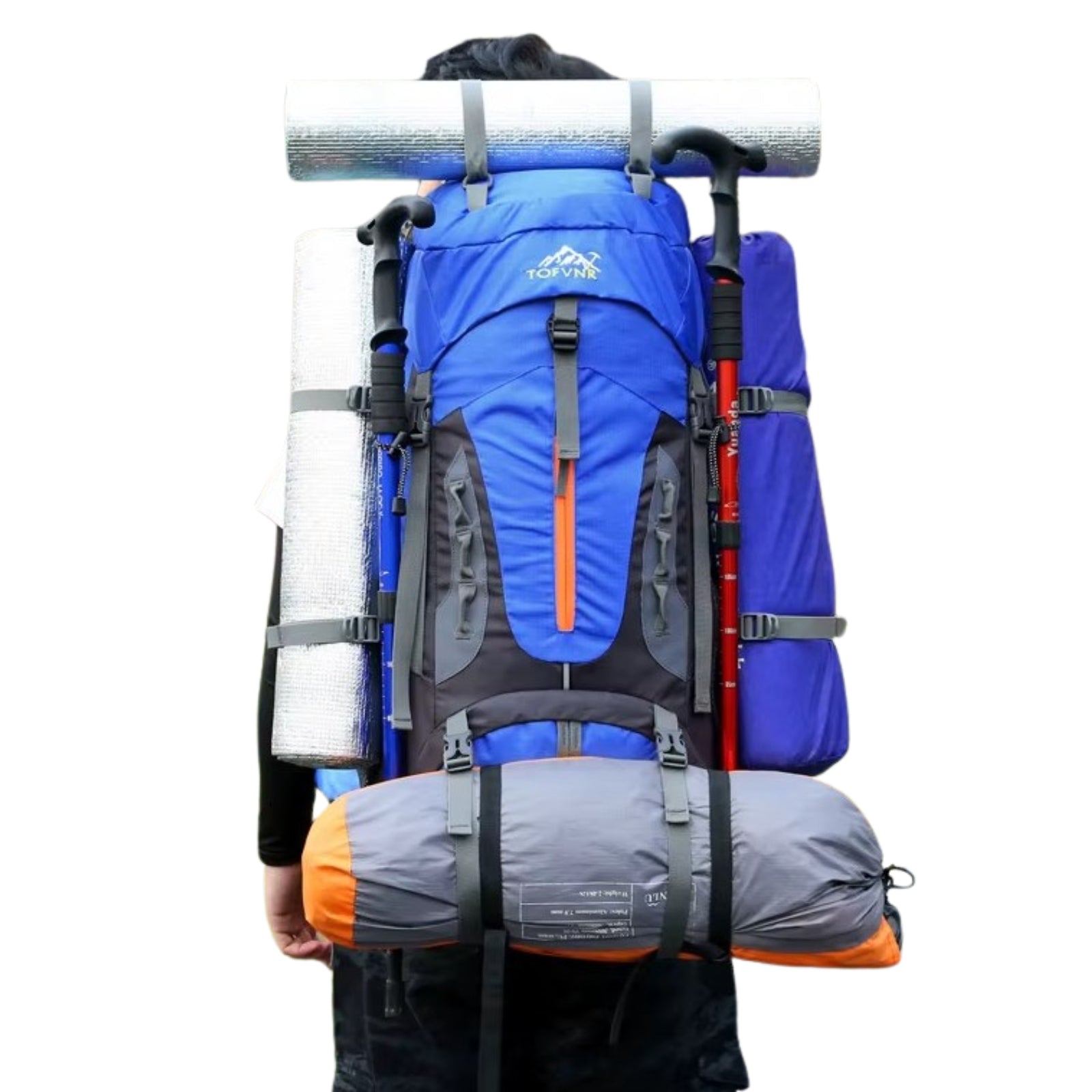 Sac à Dos Randonnée Homme 70L portée sur le dos - Noir Profond - Bleu Ciel - Bleu - Rouge Cerise - Orange et Noir - Bleu Marine