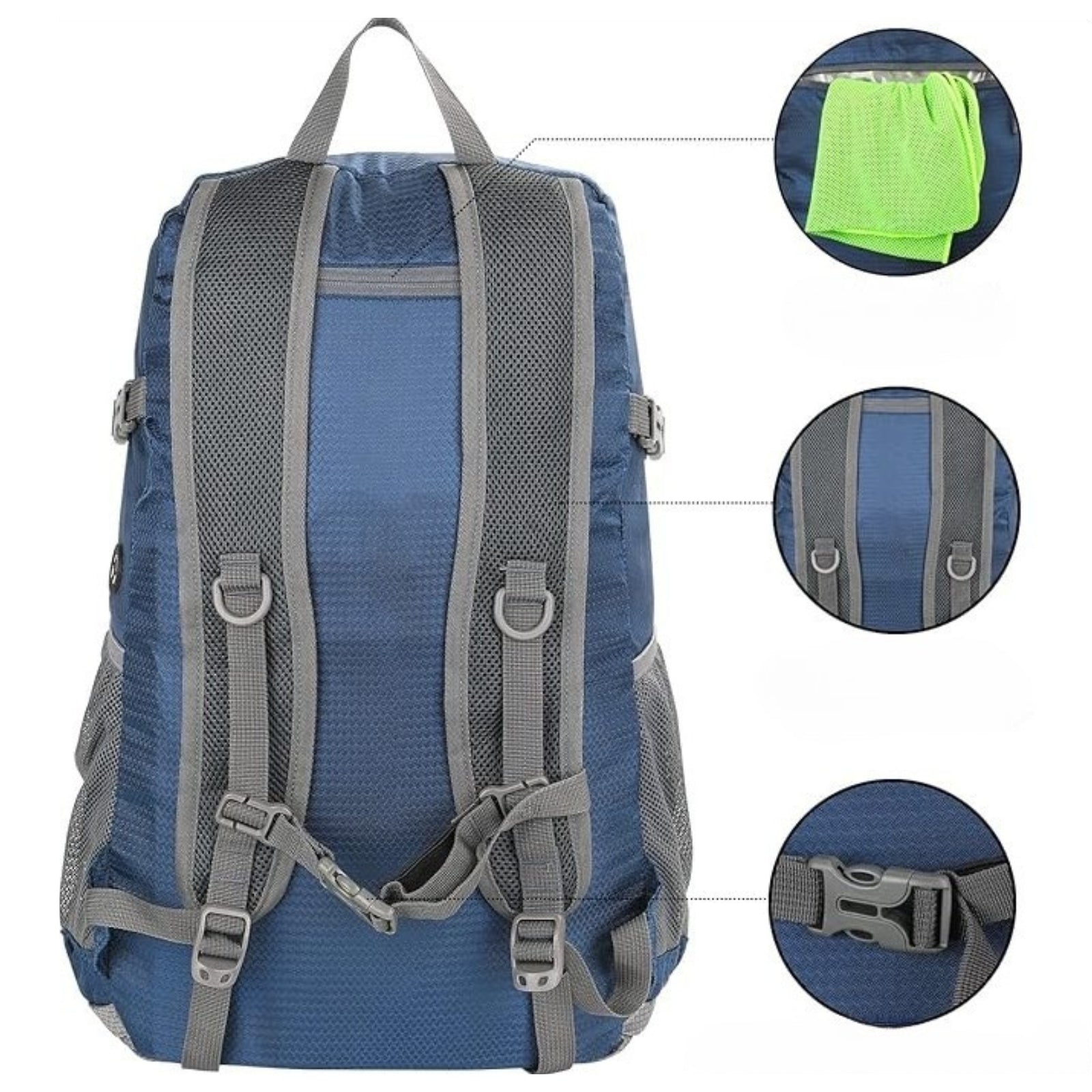 Sac à Dos Randonnée 30L Ultra Léger gros plan fermeture zippée - Bleu Marine et Noir - Bleu Marine et Gris Foncé - Vert Émeraude et Bleu Marine - Noir et Rouge