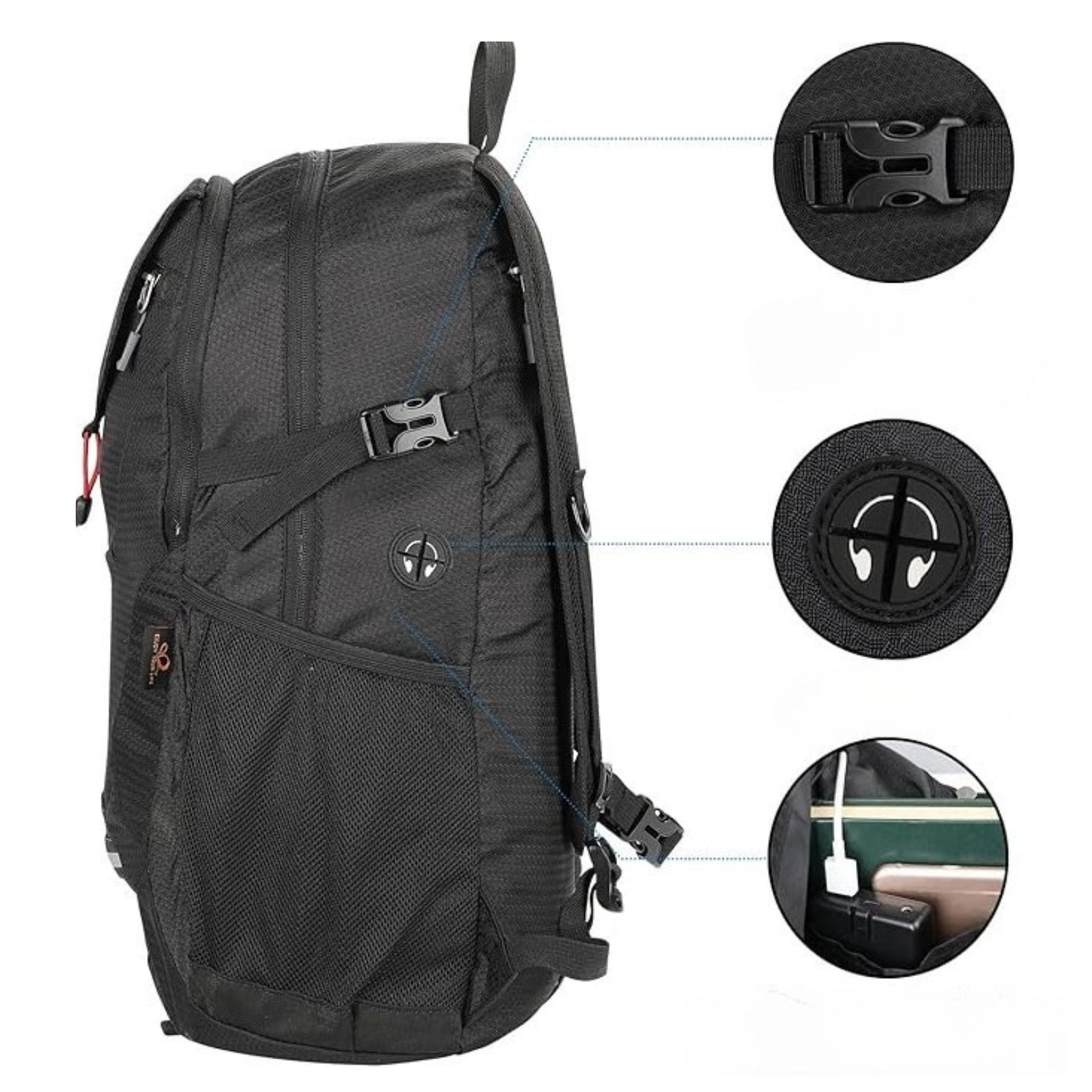 Sac à Dos Randonnée 30L Ultra Léger gros plan fermeture zippée - Bleu Marine et Noir - Bleu Marine et Gris Foncé - Vert Émeraude et Bleu Marine - Noir et Rouge