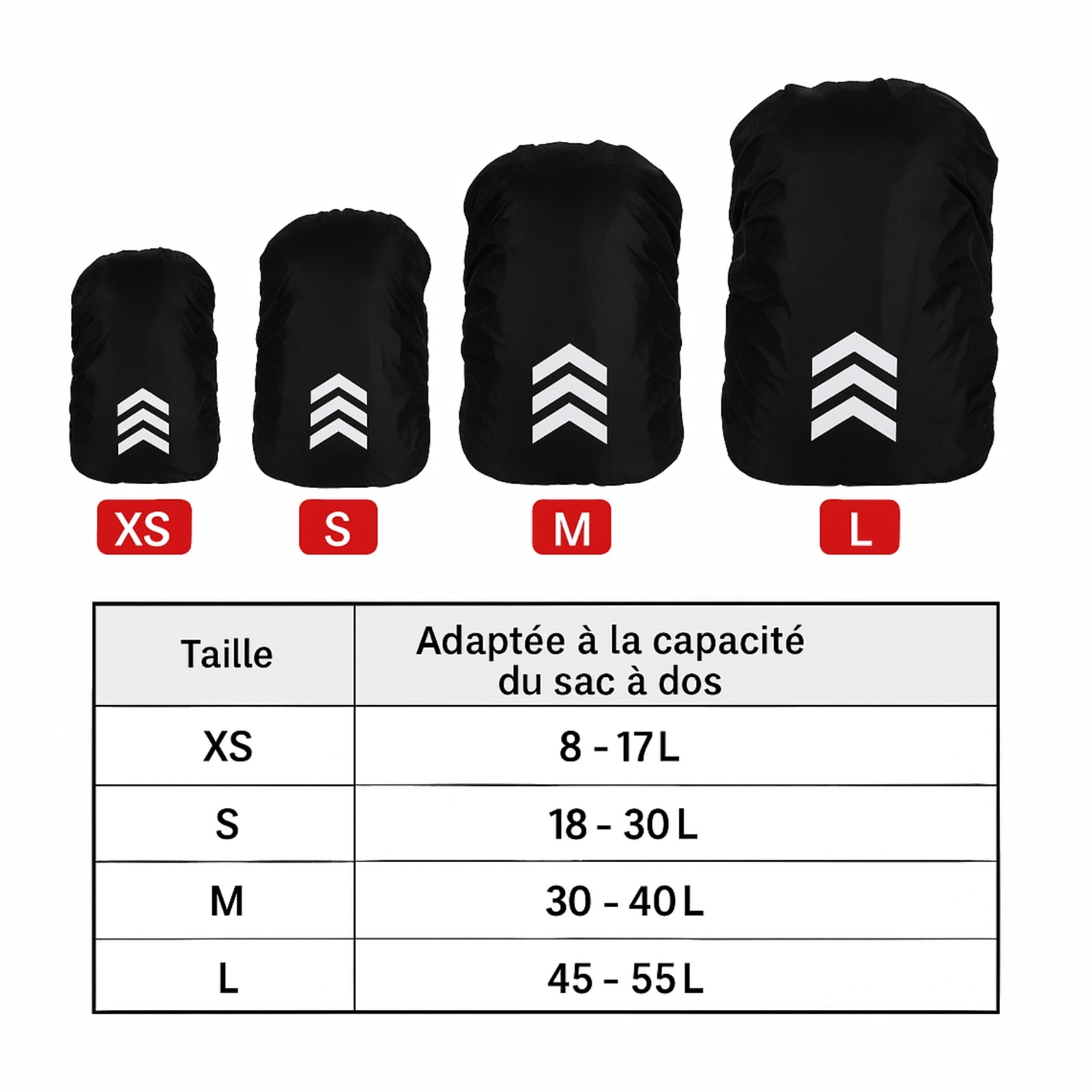 Randonnée Couvre Sac Fluo 18-55L quatre tailles alignées - Jaune Fluo - Rouge Vif - Orange Fluo - Vert Fluo - Bleu - Noir Mat