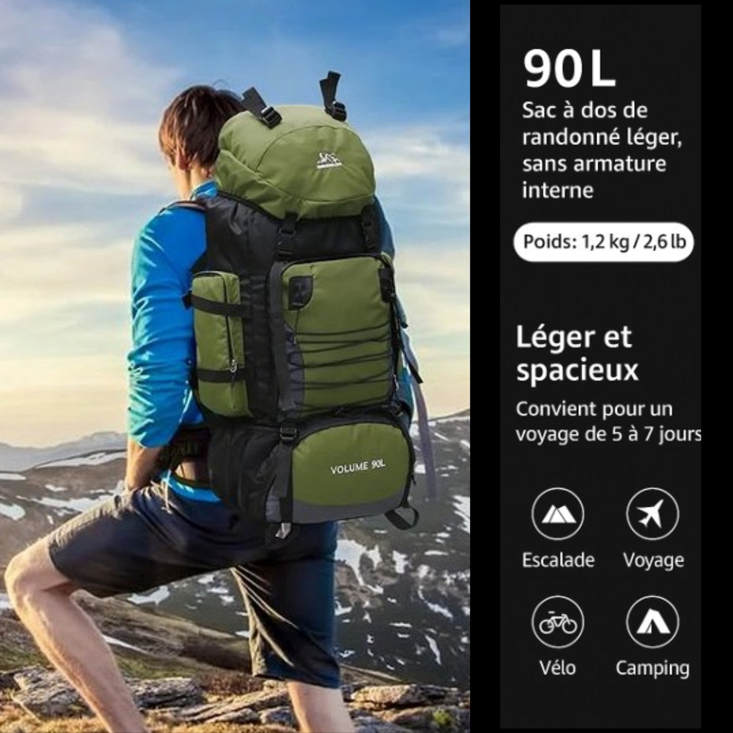 Sac de Randonnée Homme 90 Litres portée sur le dos - Vert - Bleu Marine - Noir - Bleu Ciel