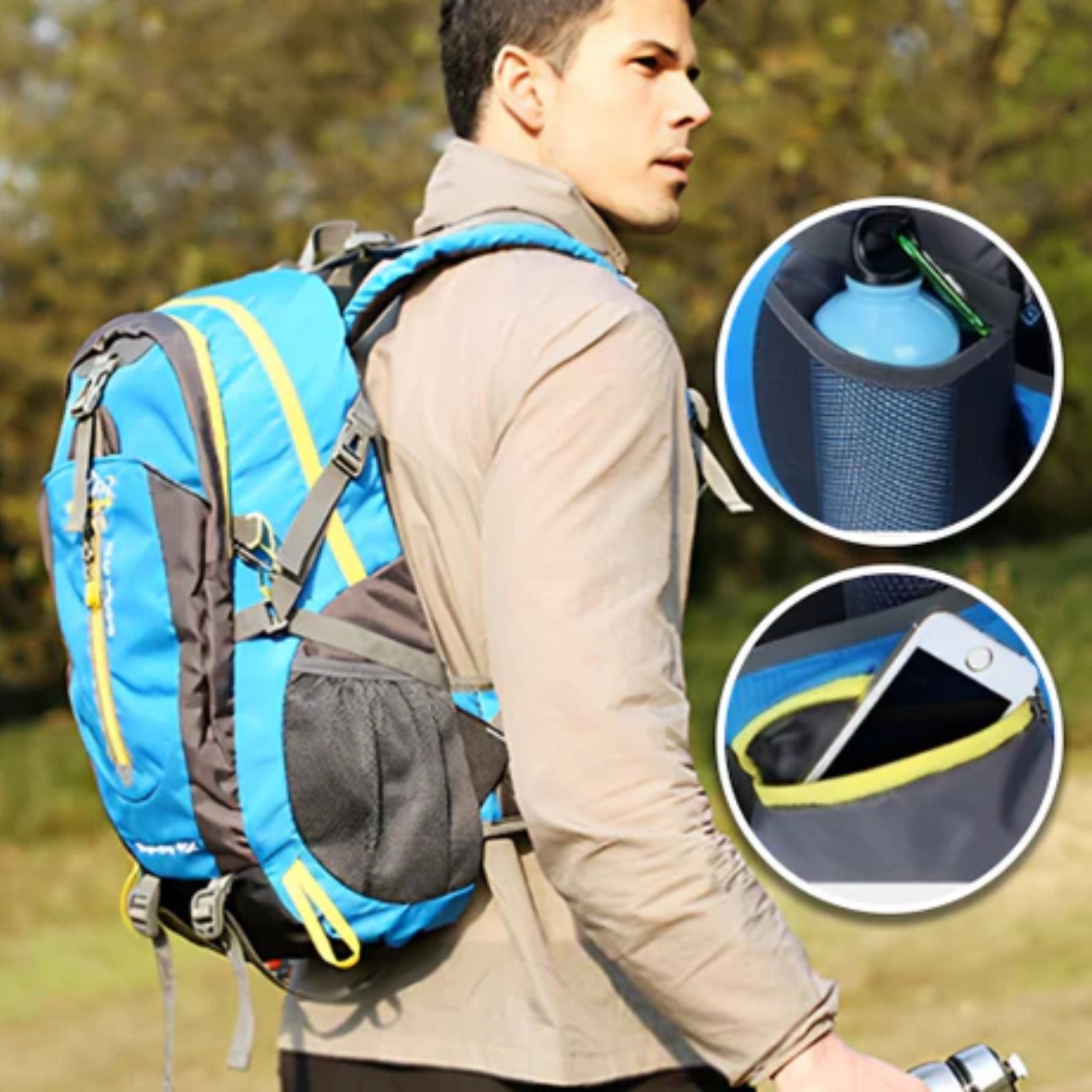 Sac à Dos Marche Randonnée 40L portée sur le dos - Vert Fluo - Gris - Bleu Cobalt - Orange - Noir et Jaune - Rouge - Turquoise - Violet - Noir et Rouge - Bleu Marine - Vert Olive