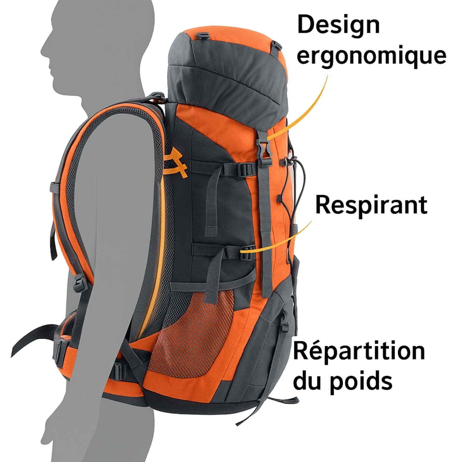 Sac à Dos Randonnée Pro Homme 75L gros plan sur le sac - Orange - Noir - Bleu