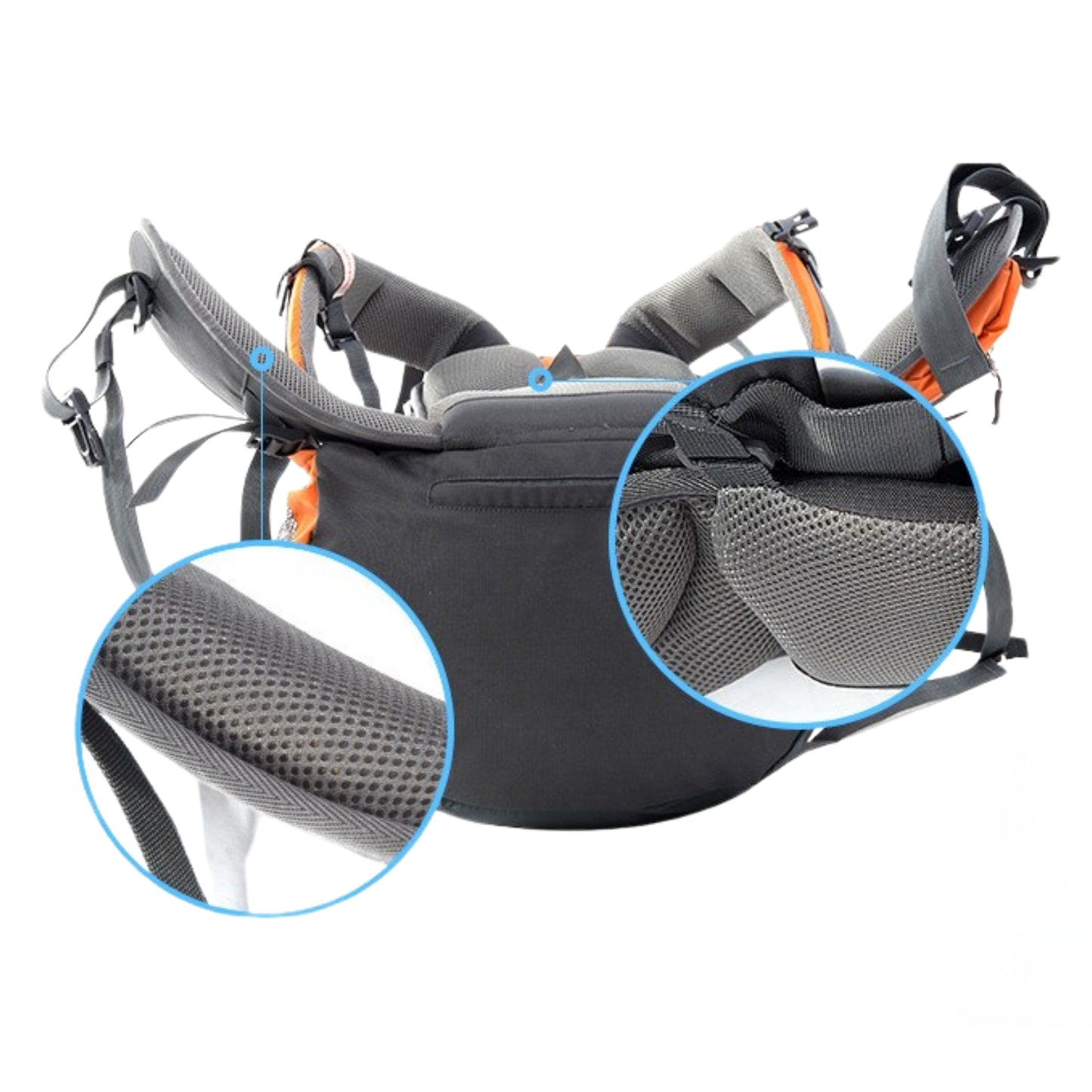 Sac à Dos Randonnée Pro Homme 75L gros plan sur sangle - Orange - Noir - Bleu