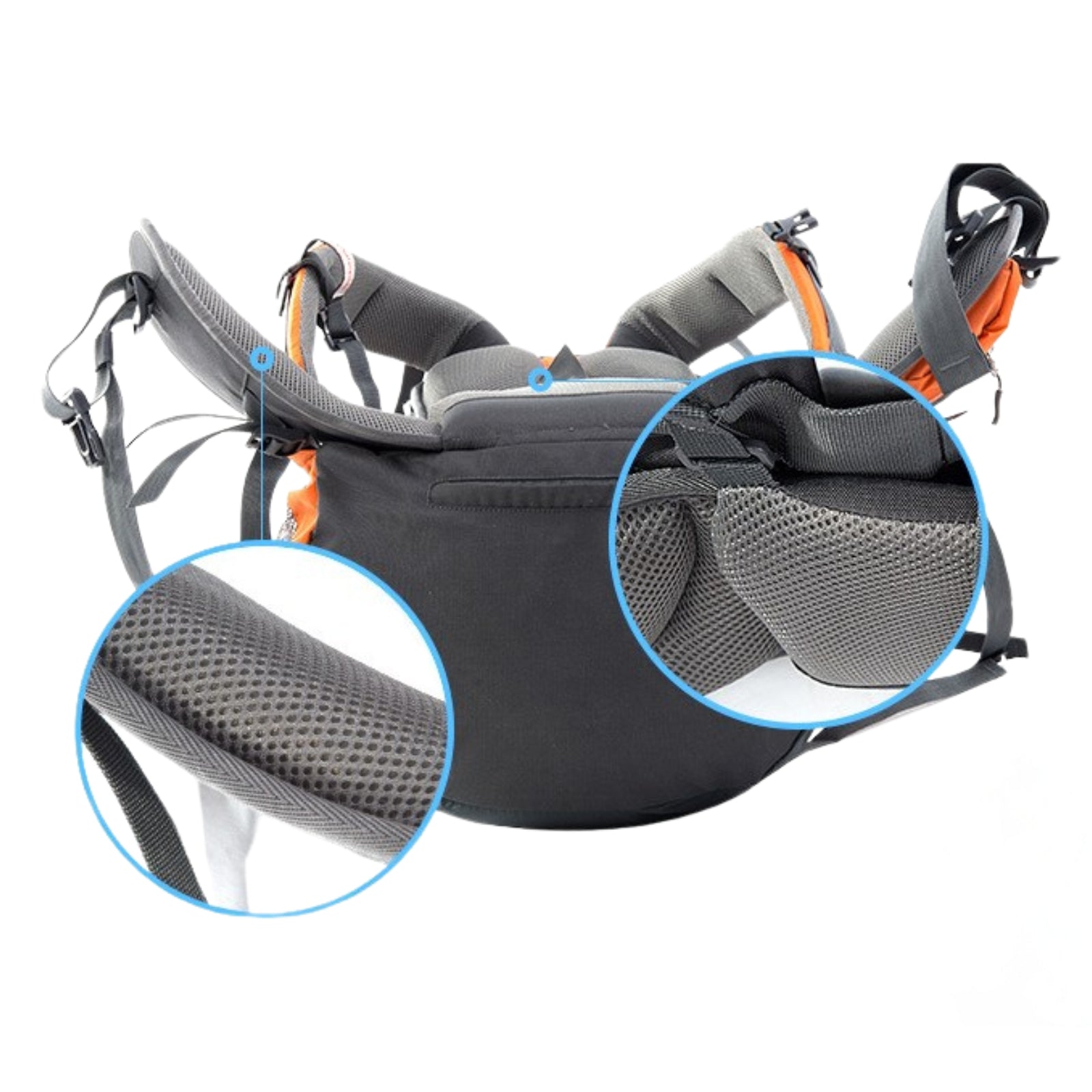 Sac à Dos Randonnée Pro Homme 75L gros plan sur sangle - Orange - Noir - Bleu