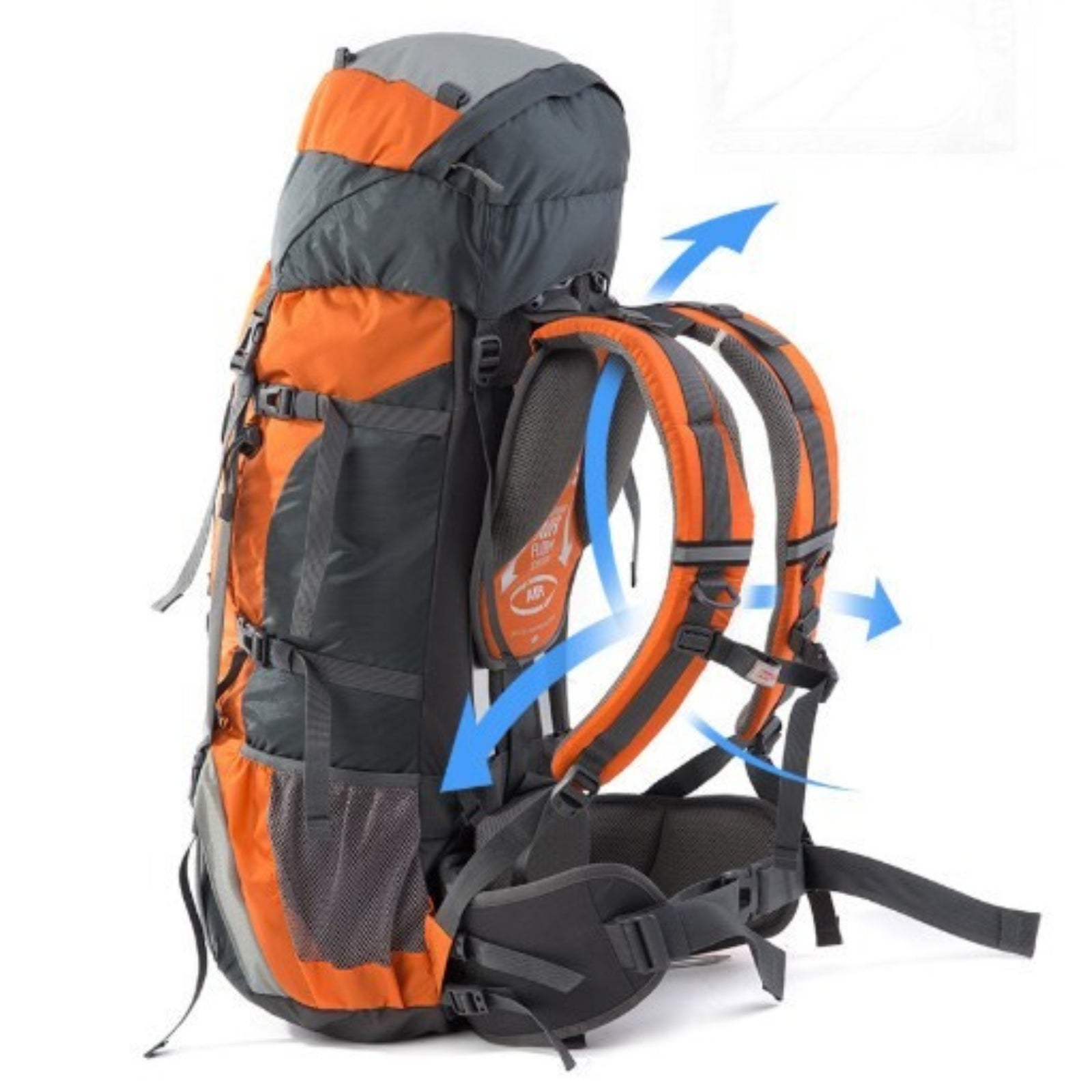 Sac à Dos Randonnée Pro Homme 75L gros plan des bretelles - Orange - Noir - Bleu