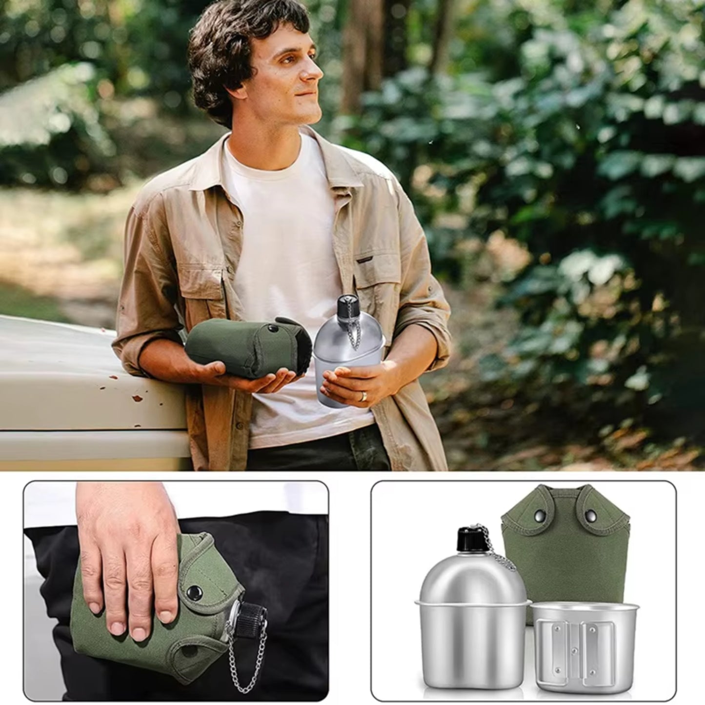 Kit Gourde Randonnée Aluminium mise en situation extérieure - Gourde + Tasse + Housse