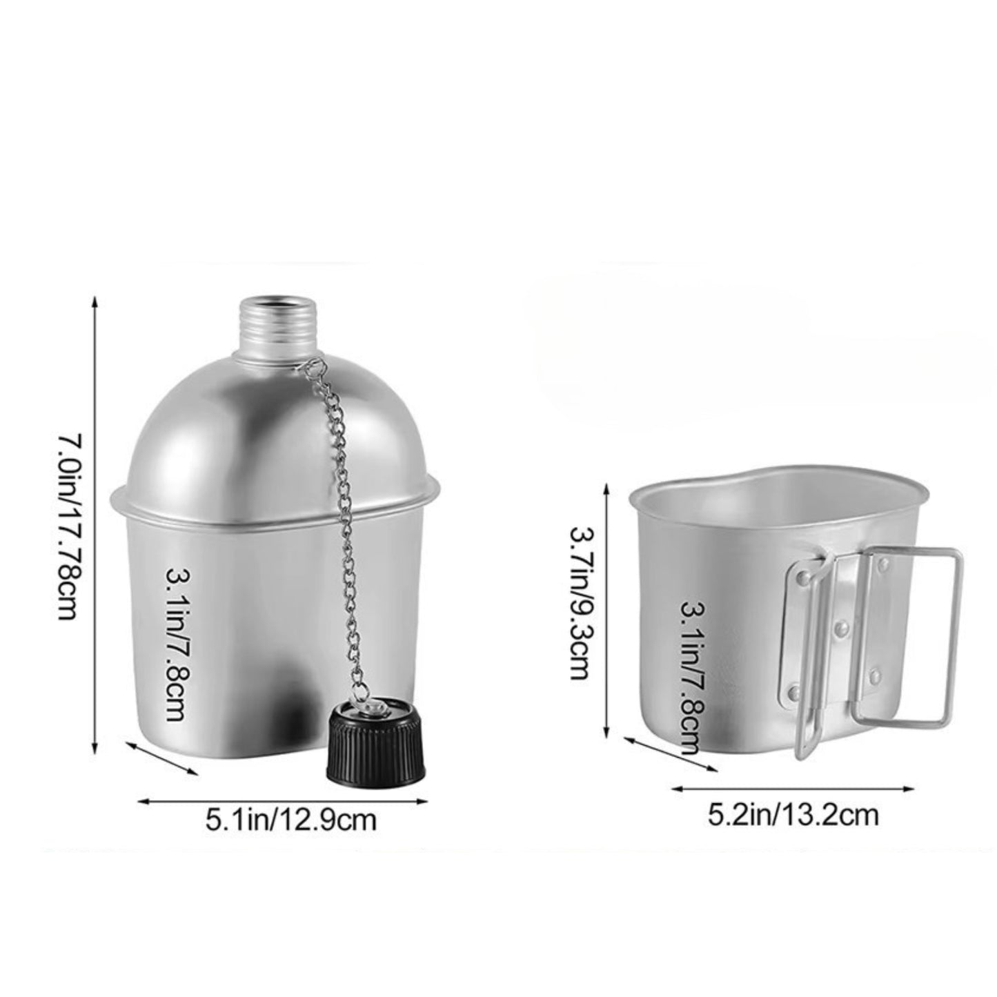 Kit Gourde Randonnée Aluminium guide des dimensions - Gourde + Tasse + Housse