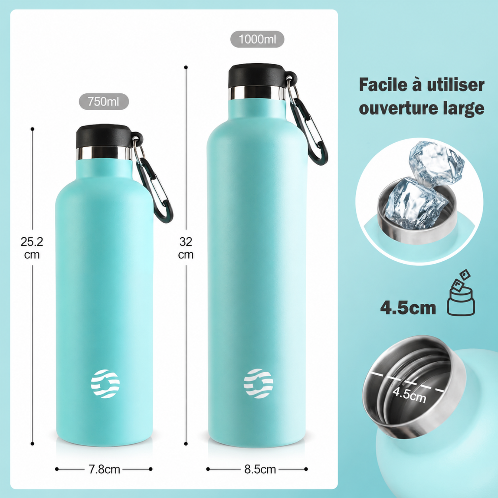 Gourde Inox Mousqueton guide des dimensions - Vert Olive - Noir - Gris Argenté - Bleu Marine - Turquoise - Rose