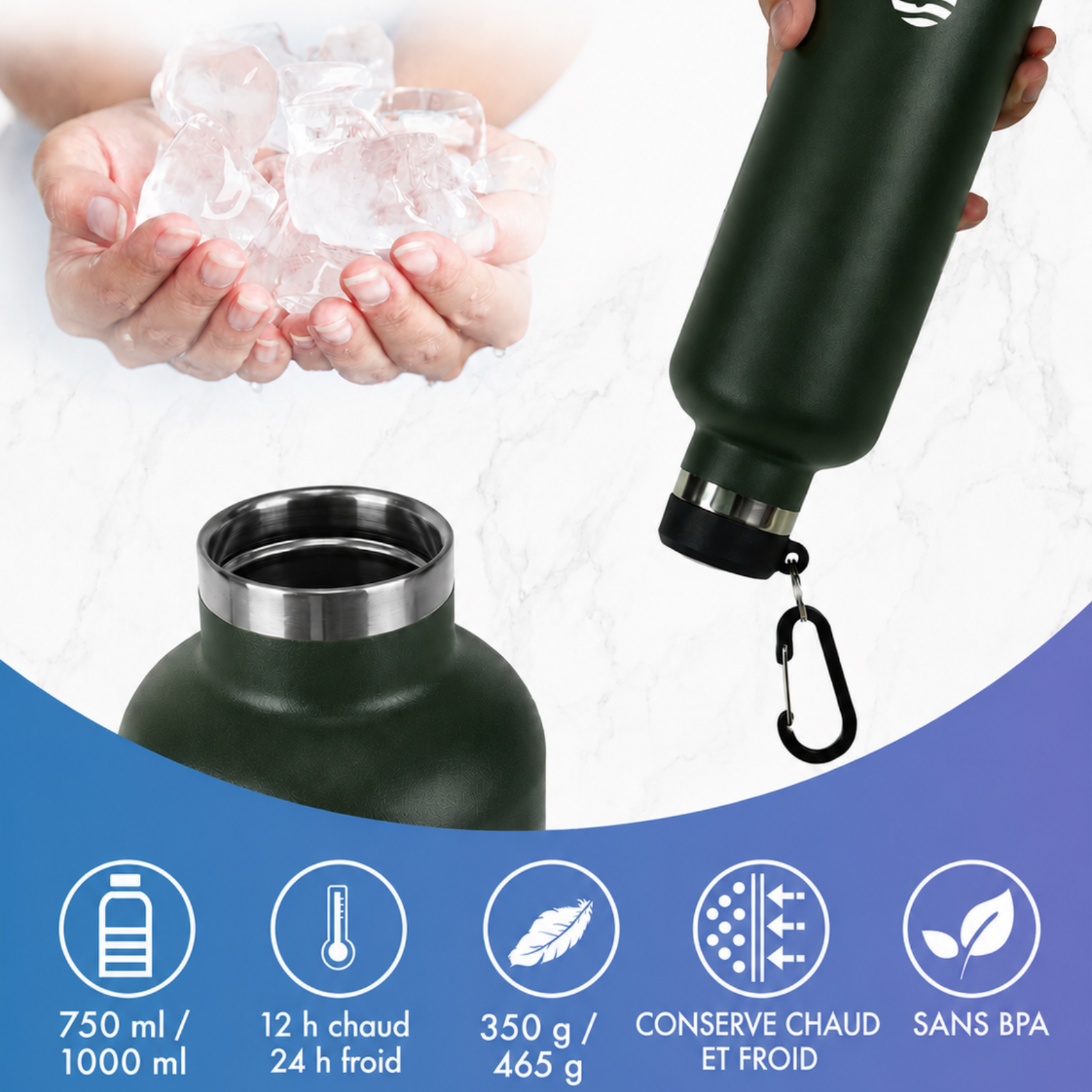 Gourde Inox Mousqueton gros plan bouchon et anse - Vert Olive - Noir - Gris Argenté - Bleu Marine - Turquoise - Rose