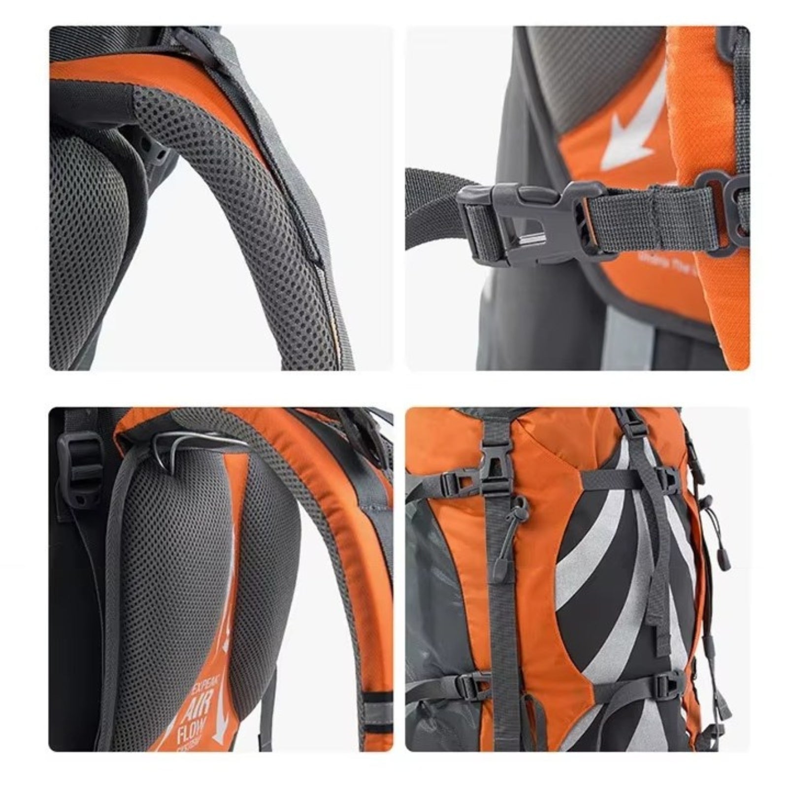 Sac à Dos Randonnée Pro Homme 75L gros plan sangle et mesh - Orange - Noir - Bleu