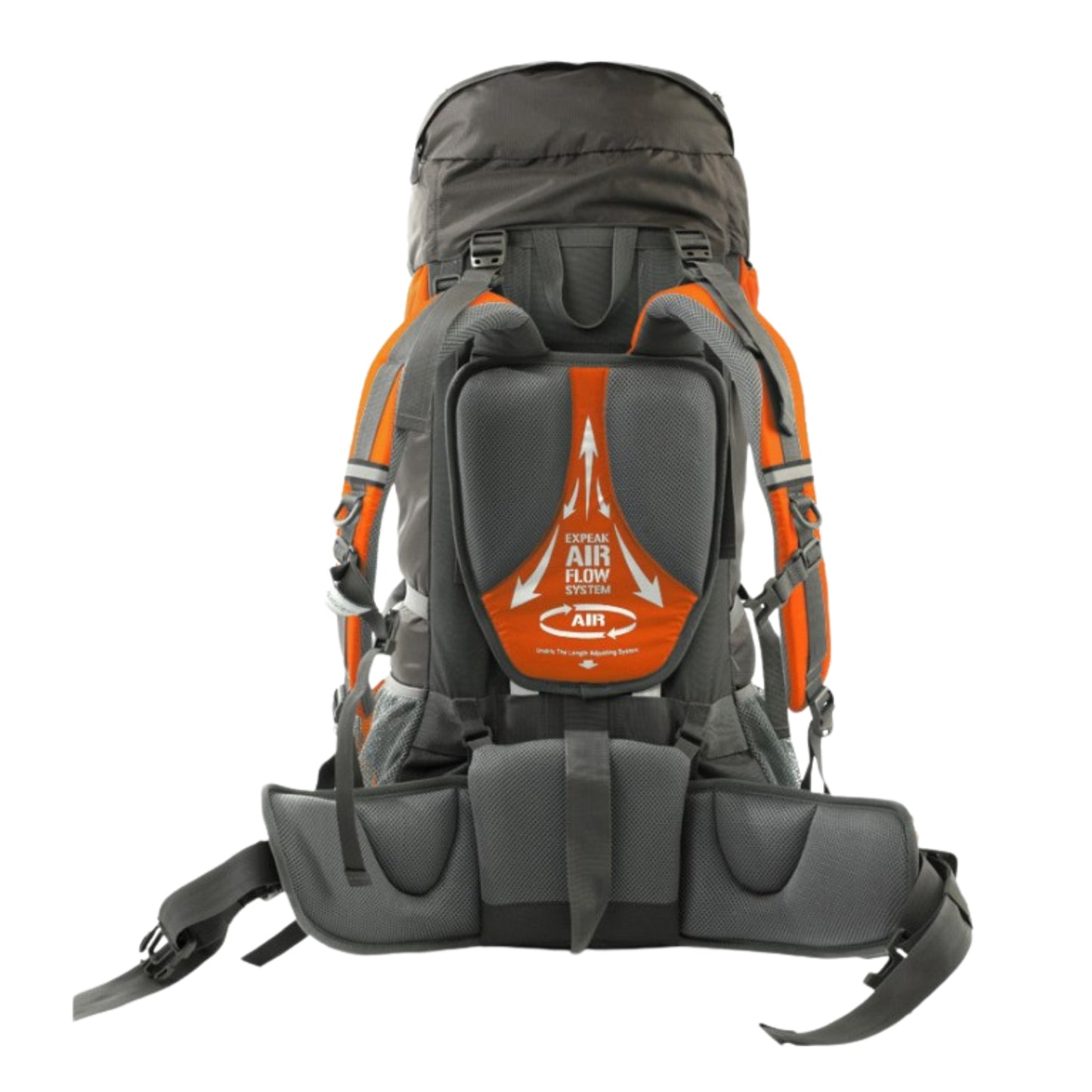 Sac à Dos Randonnée Pro Homme 75L gros plan dos sac - Orange - Noir - Bleu