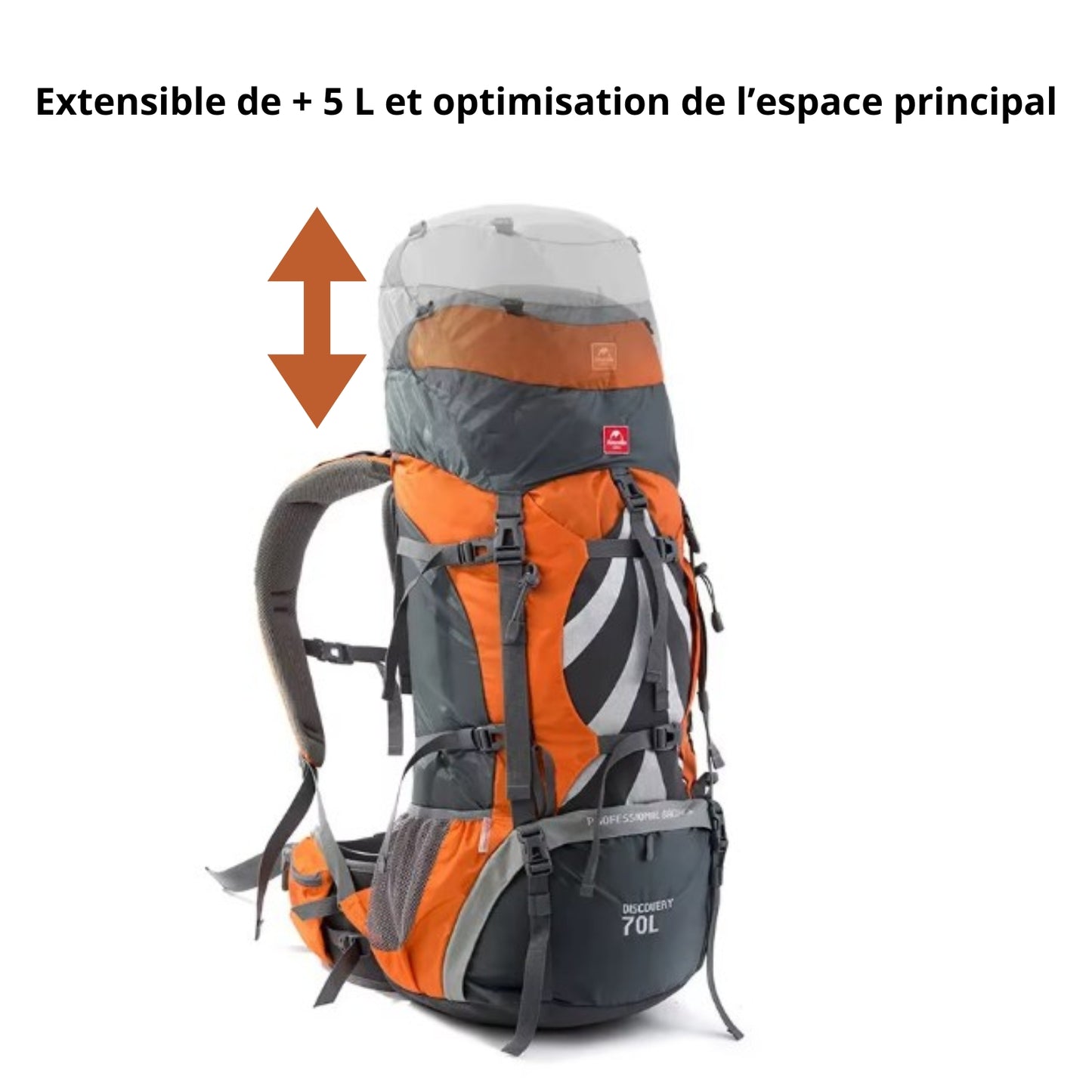 Sac à Dos Randonnée Pro Homme 75L gros plan sur le sac - Orange - Noir - Bleu