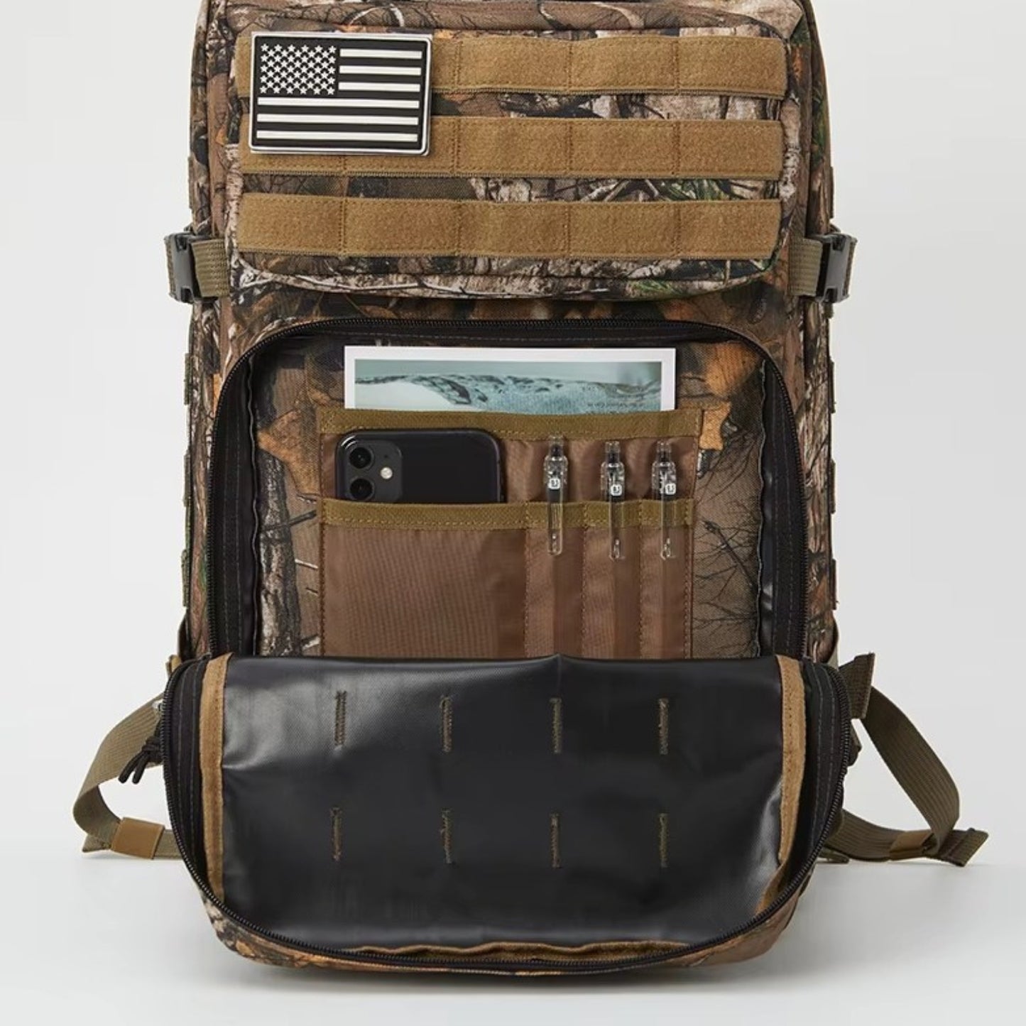 Sac à Dos Camouflage 45L compartiment ouvert - Noir et Gris - Gris et Beige - Vert Olive et Beige - Noir - Marron et Vert Forêt - Marron Beige