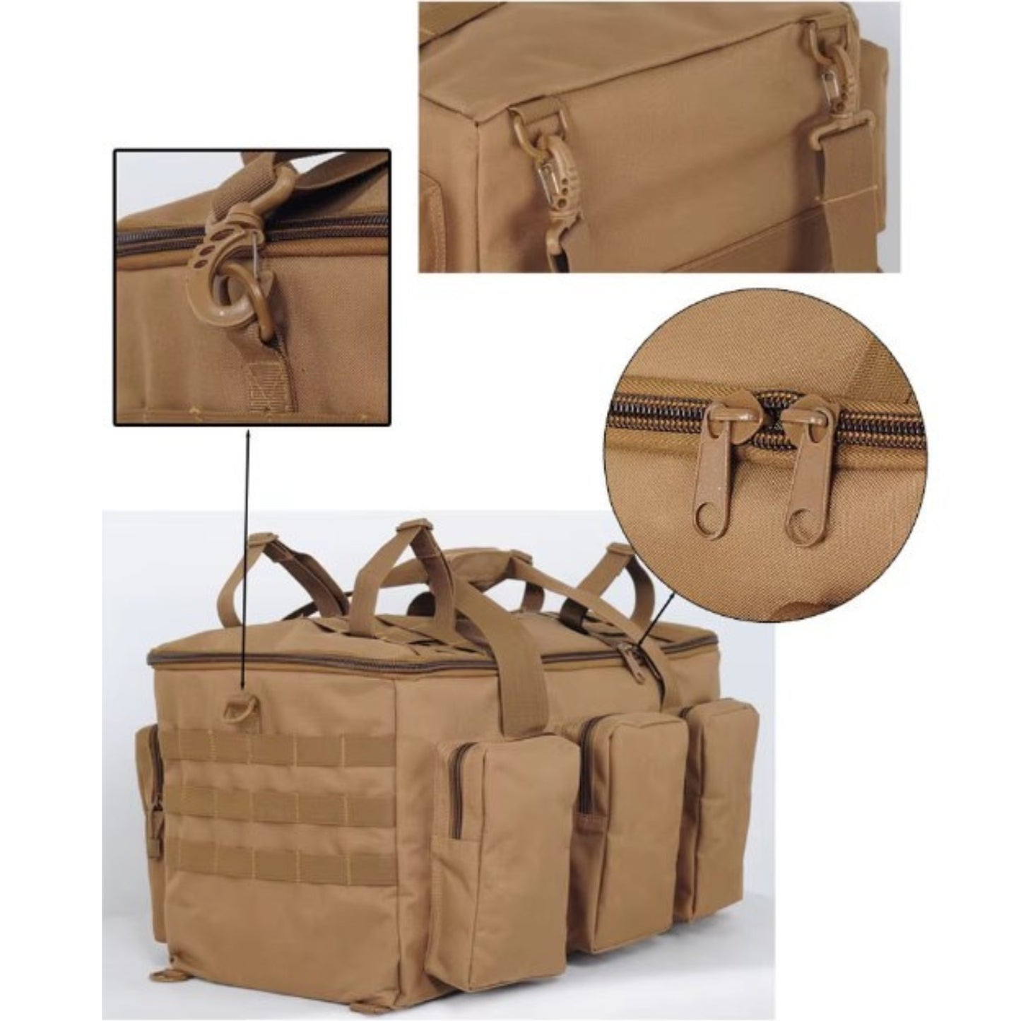 Sac De Transport Militaire 55L gros plan fermeture zippée - Camel - Vert Olive - Noir