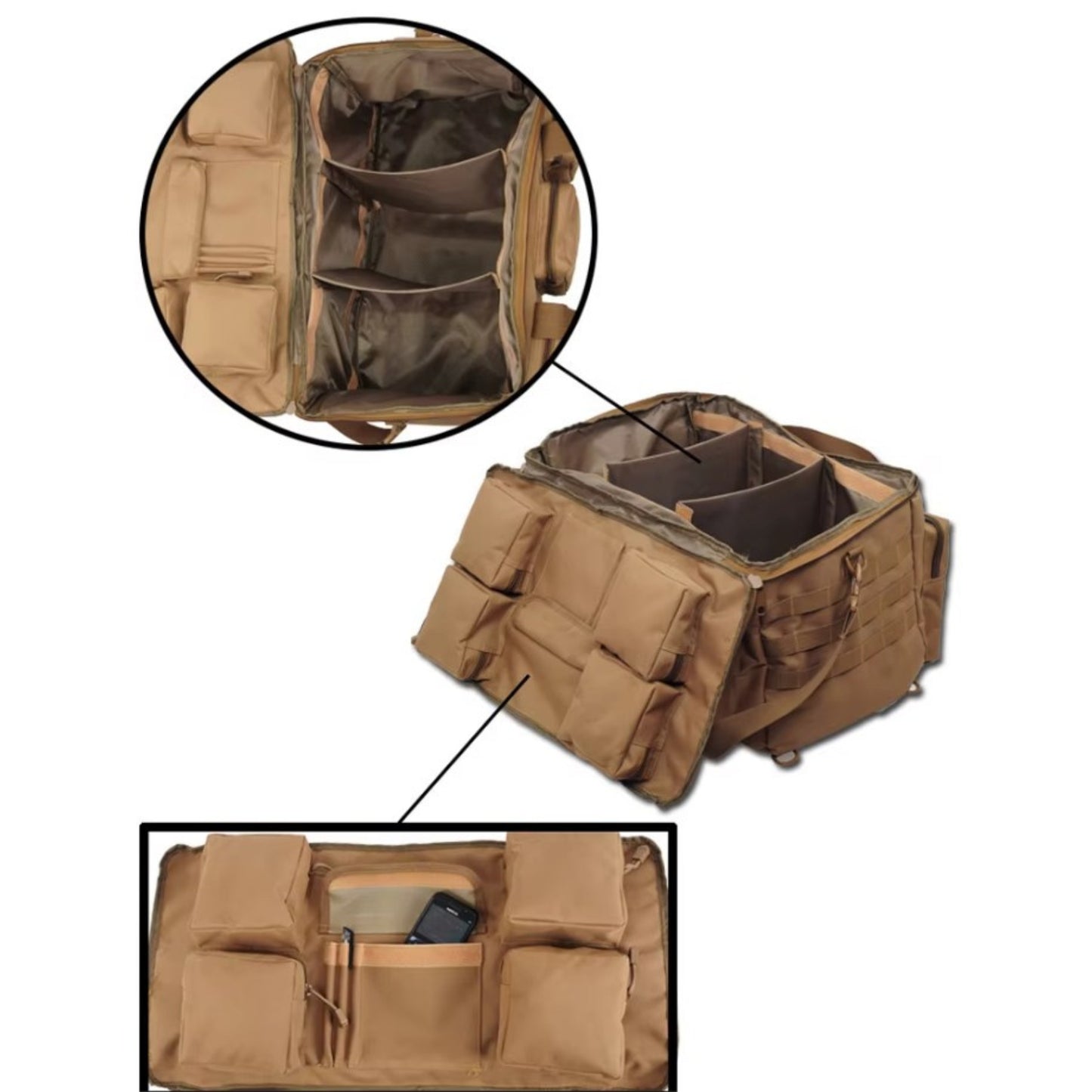 Sac De Transport Militaire 55L compartiment ouvert - Camel - Vert Olive - Noir