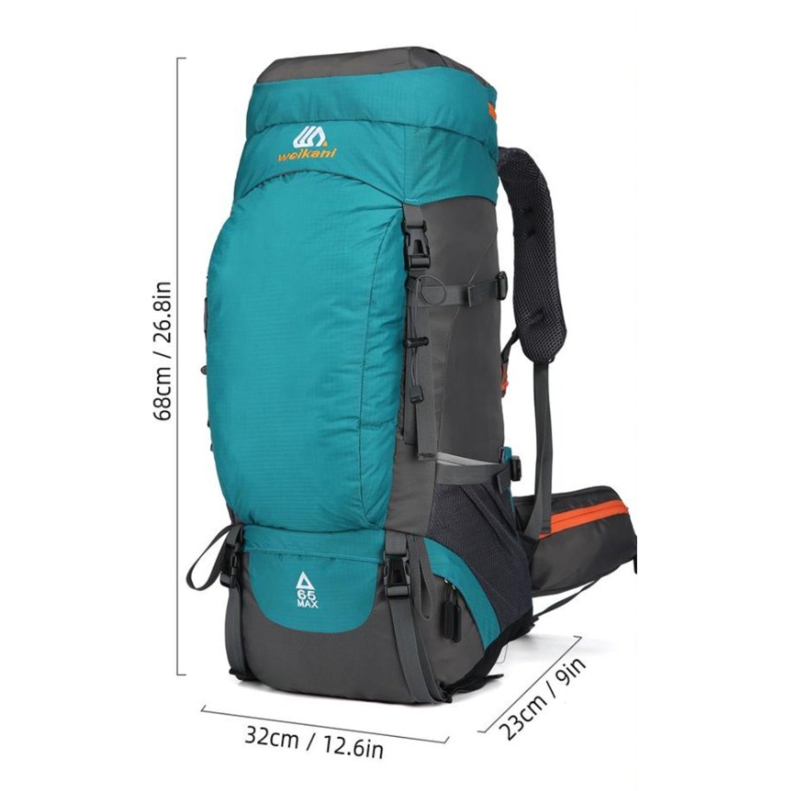 Sac à Dos Grande Randonnée 65L guide des dimensions - Turquoise - Bleu Marine - Orange - Noir