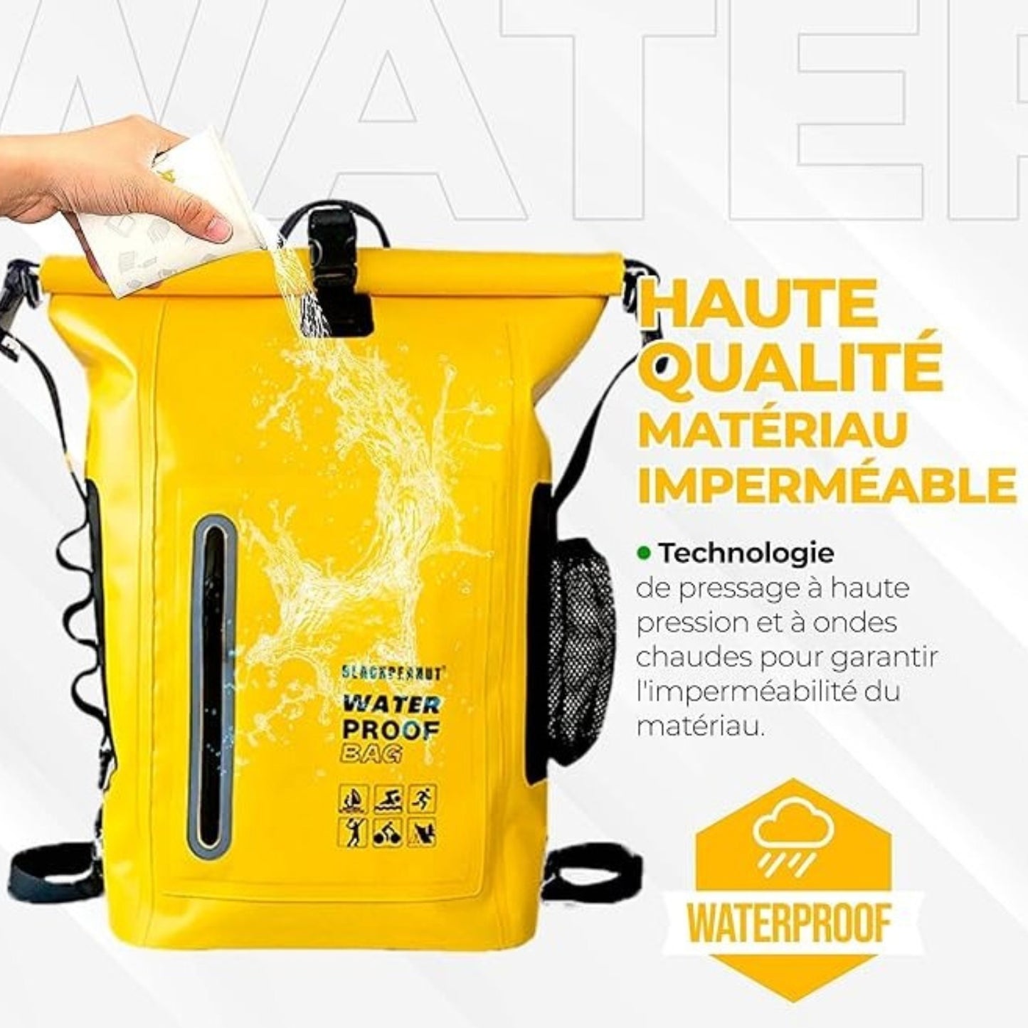 Sac à Dos Étanche Randonnée 30L gros plan matériau imperméable - Jaune - Noir - Vert Olive