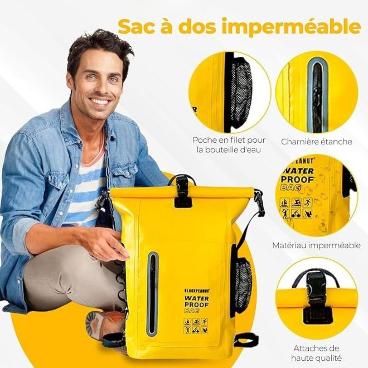 Sac à Dos Étanche Randonnée 30L portée à la main - Jaune - Noir - Vert Olive
