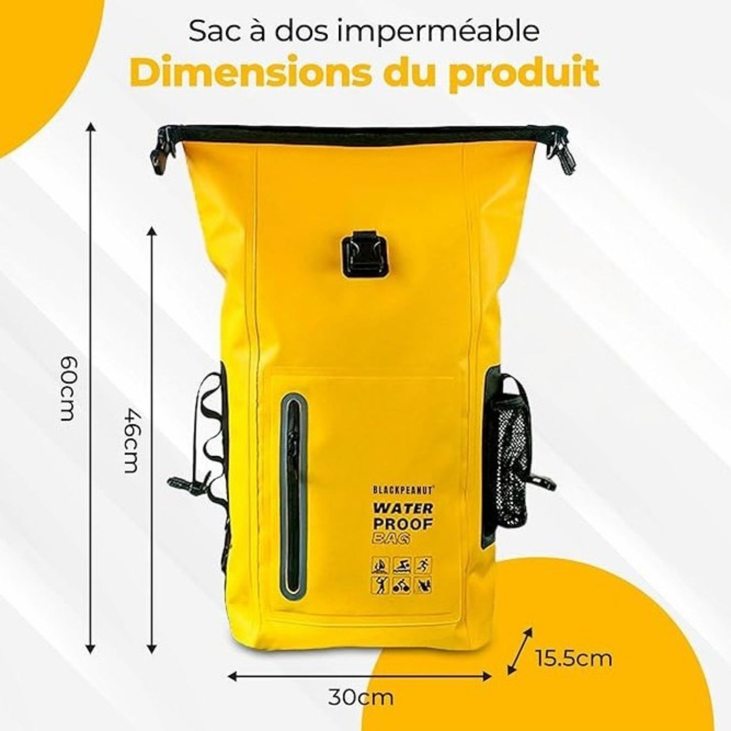 Sac à Dos Étanche Randonnée 30L guide des dimensions - Jaune - Noir - Vert Olive