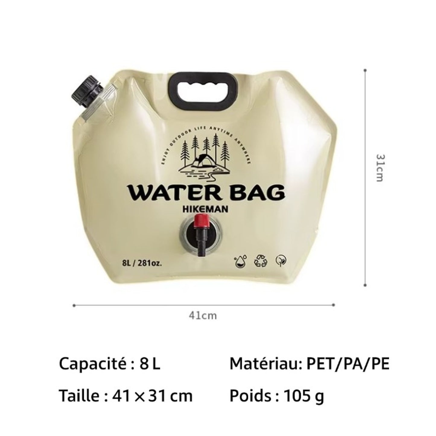 Poche À Eau 8L guide des dimensions - Beige Clair