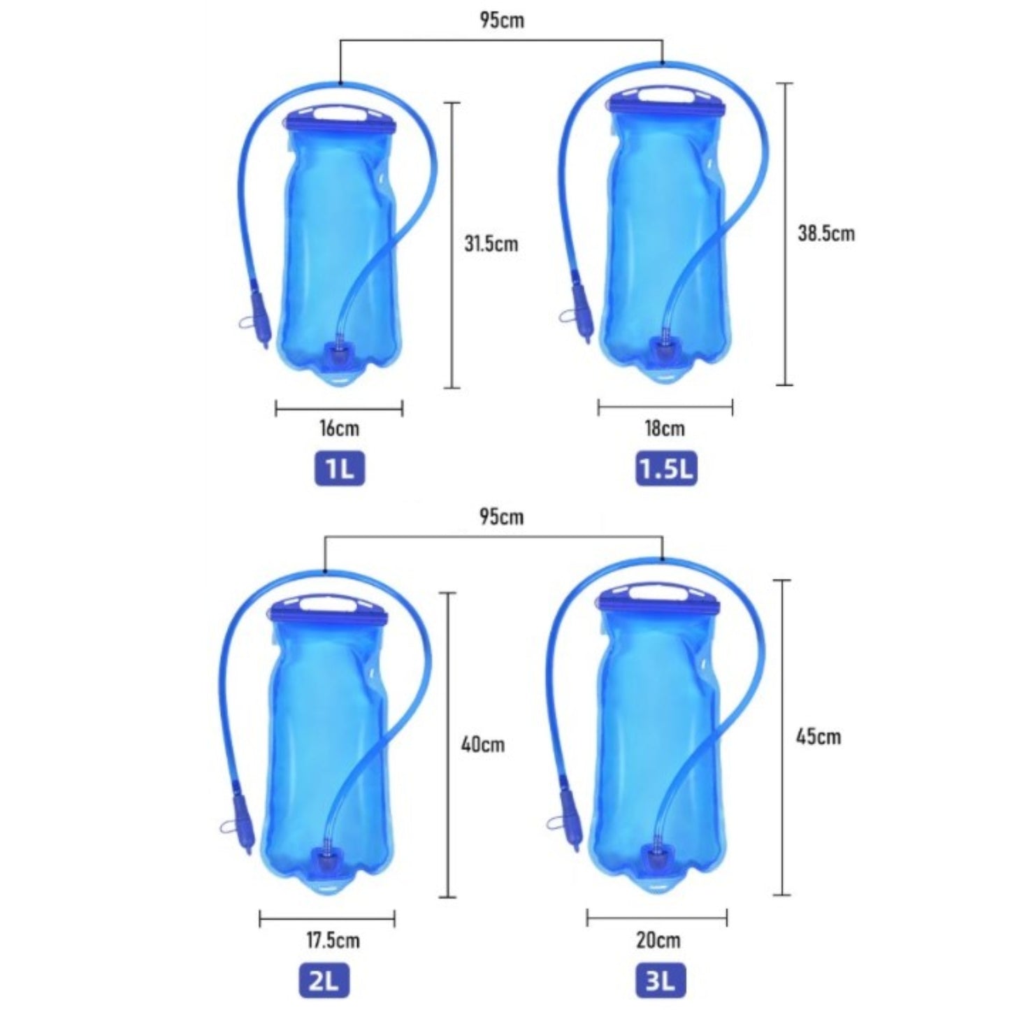 Poche À Eau Randonnée guide des dimensions - 1 L - 1.5 L - 2 L - 3 L