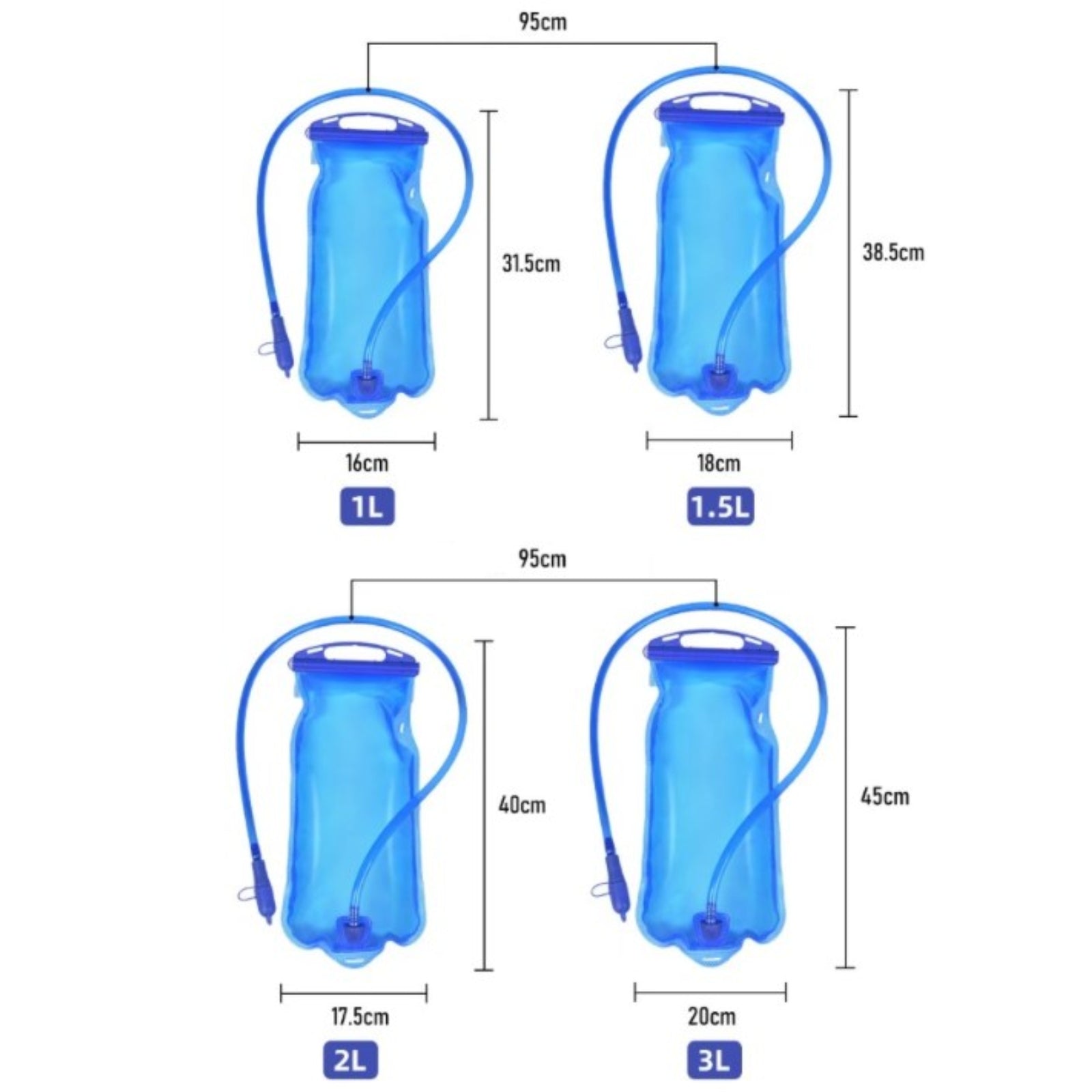 Poche À Eau Randonnée guide des dimensions - 1 L - 1.5 L - 2 L - 3 L