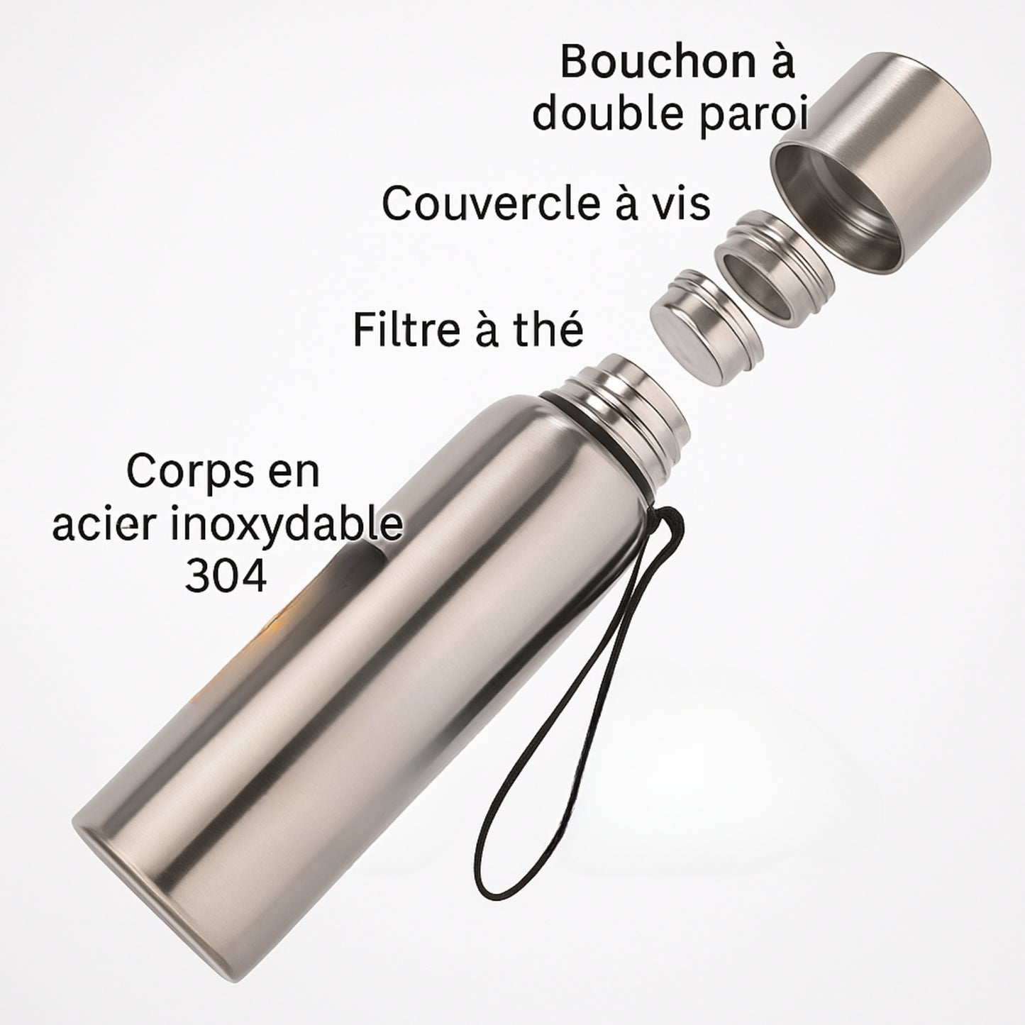 Gourde Isotherme Grande Contenance détails des composants - Gris - Gris avec Sac - Noir - Noir avec Sac - Rouge - Rouge avec Sac