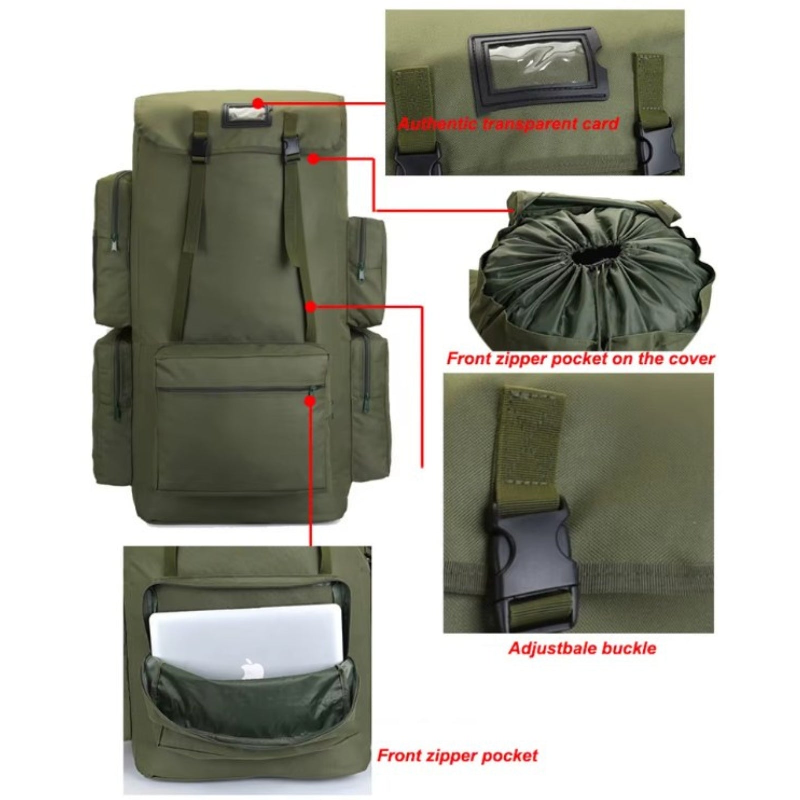 Sac à Dos Voyage Homme XXL gros plan fermeture zippée - Vert - Noir