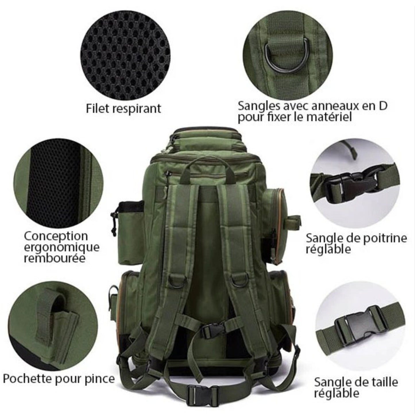Sac de Randonnée et Pêche détails des sangles - Vert - Moutarde