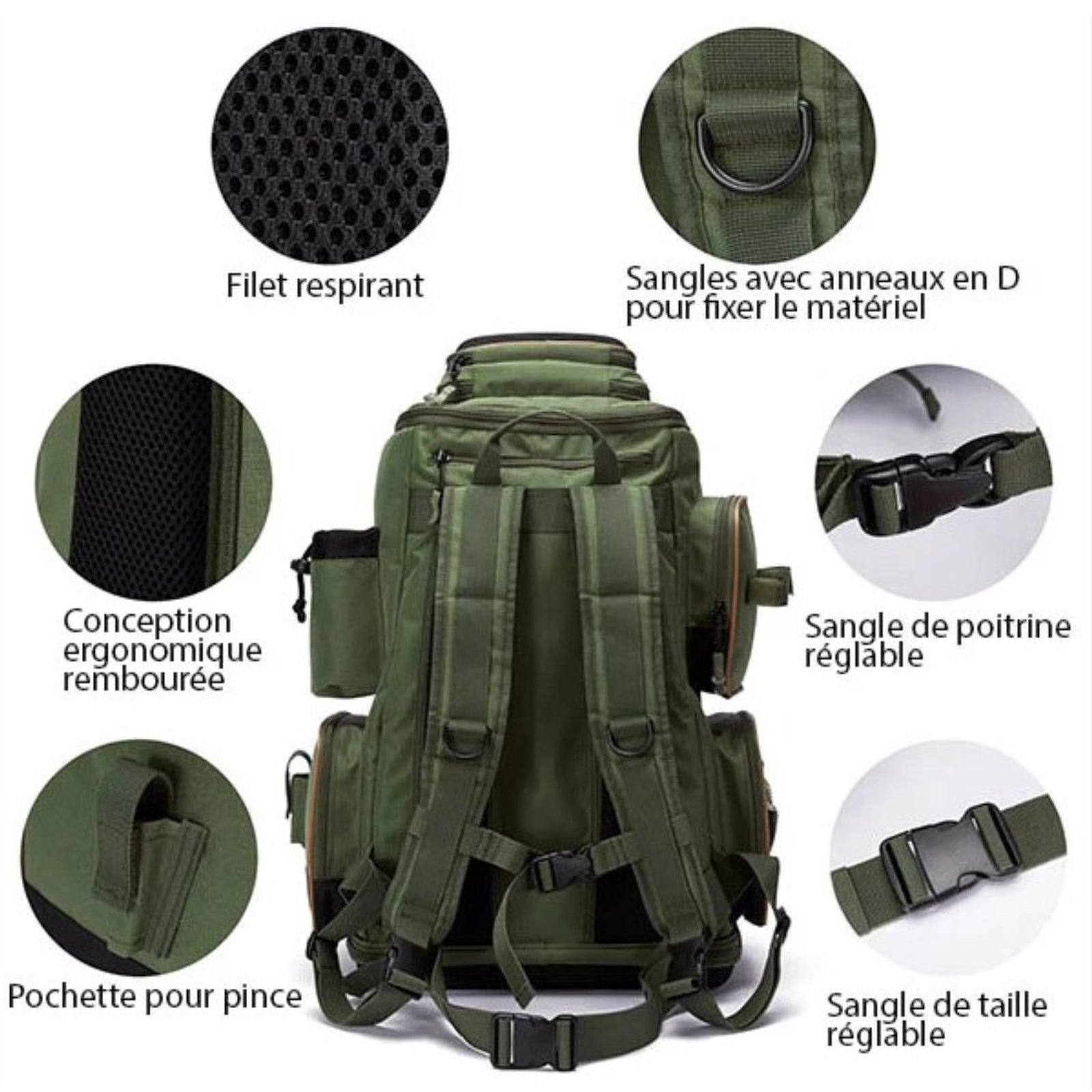 Sac de Randonnée et Pêche détails des sangles - Vert - Moutarde