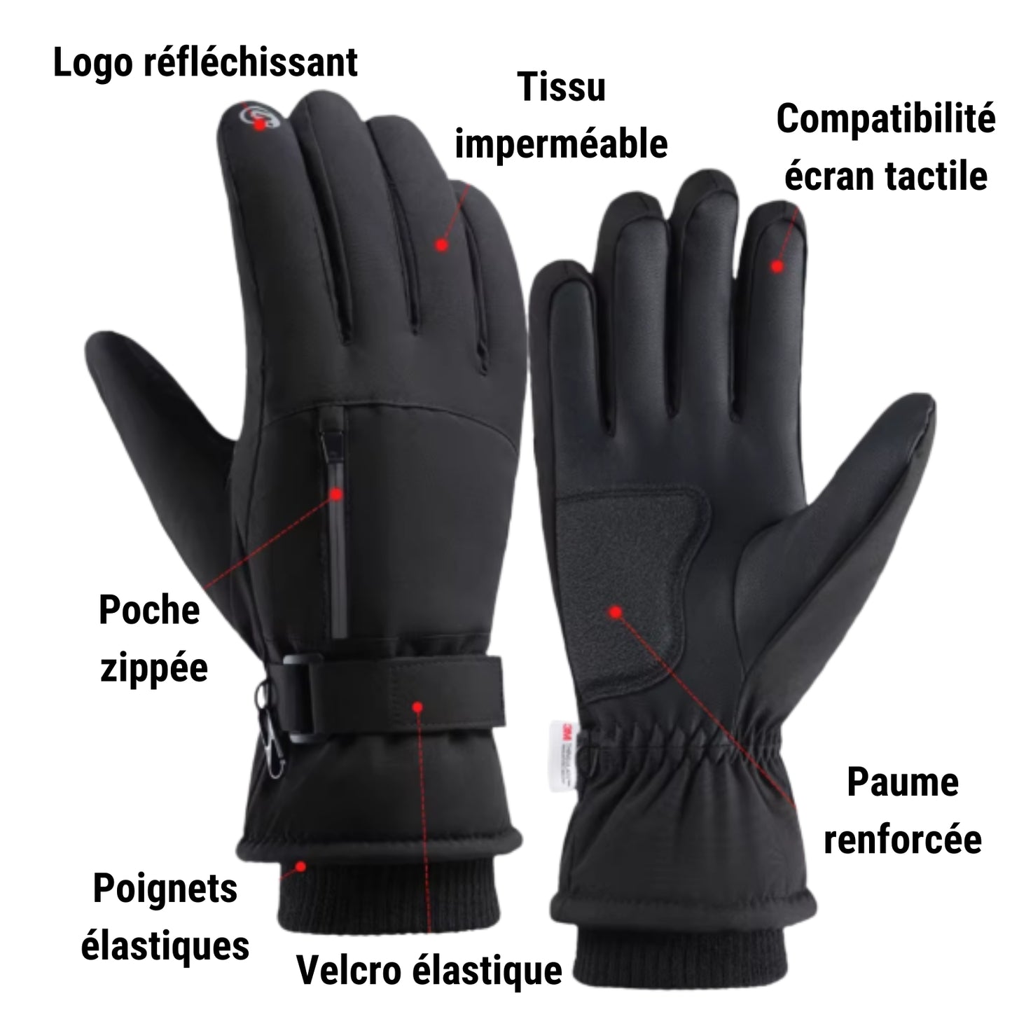 Gants Randonnée Grand Froid gros plan fermeture zippée - Noir avec Poche - Blanc avec Poche - Noir