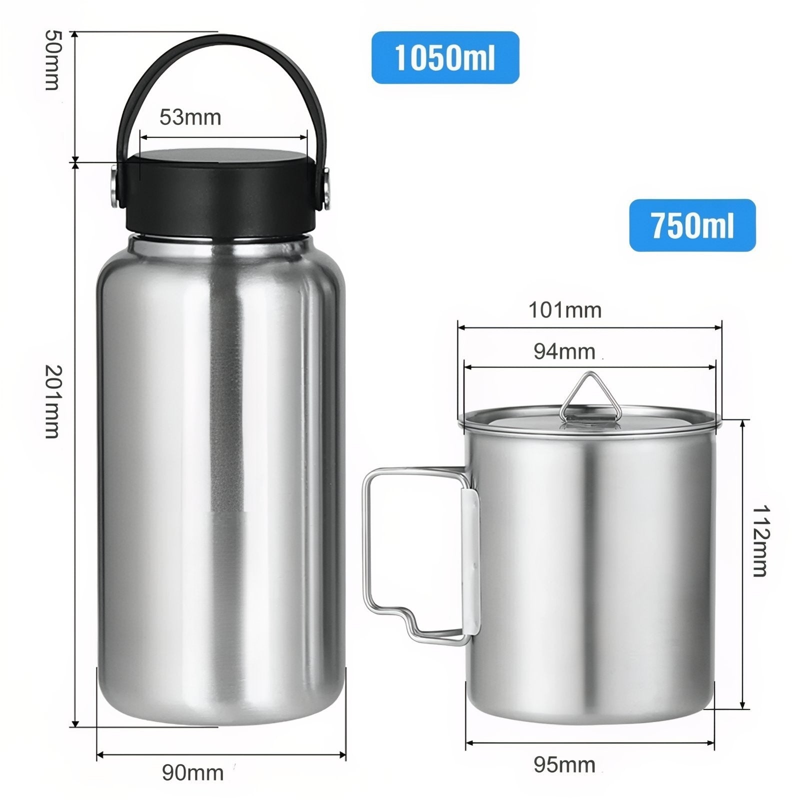 Gourde Inox Avec Tasse Intégrée guide des dimensions - Gourde Seule - Gourde et Tasse 1 - Gourde et Tasse 2