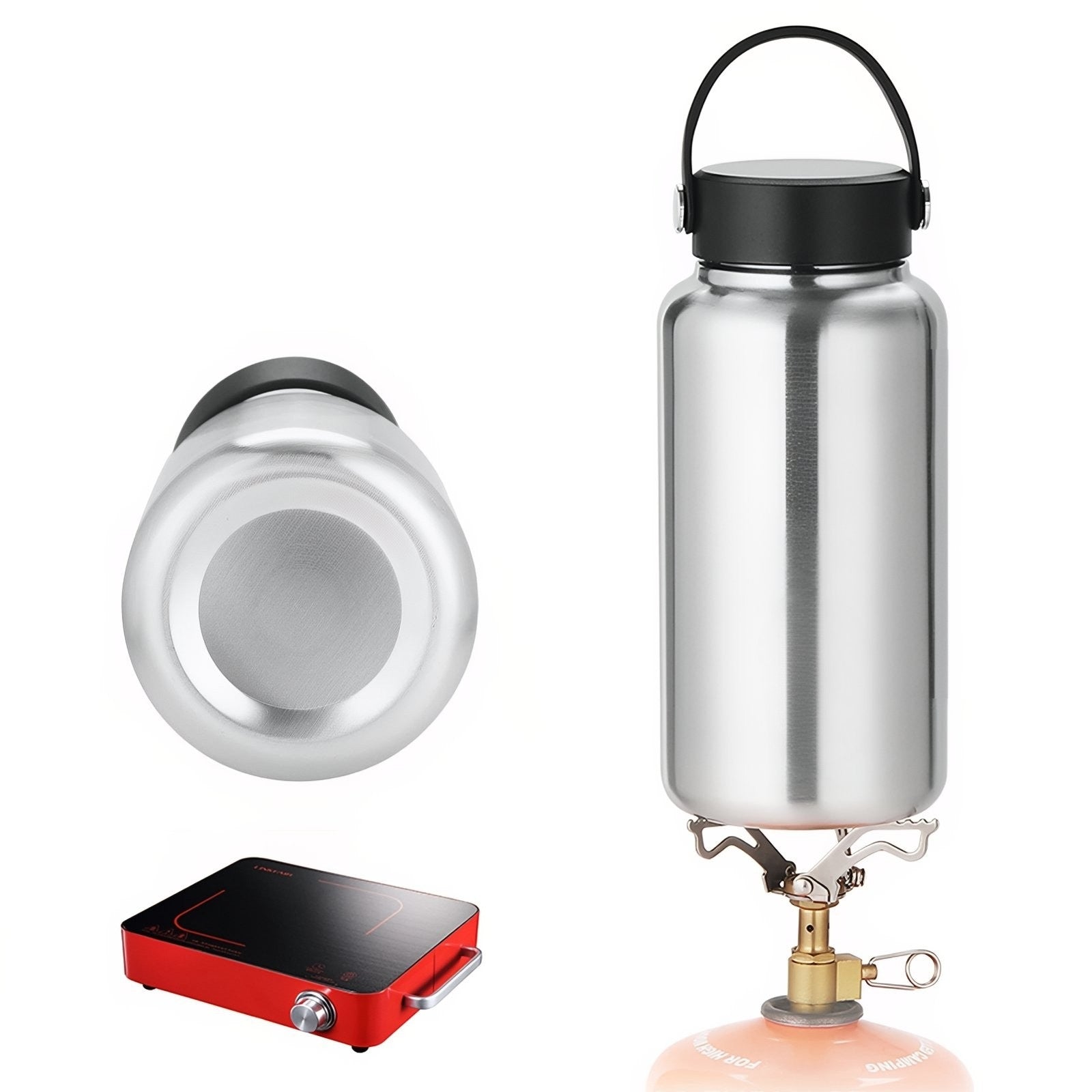 Gourde Inox Avec Tasse Intégrée vue de dessous et dessus - Gourde Seule - Gourde et Tasse 1 - Gourde et Tasse 2
