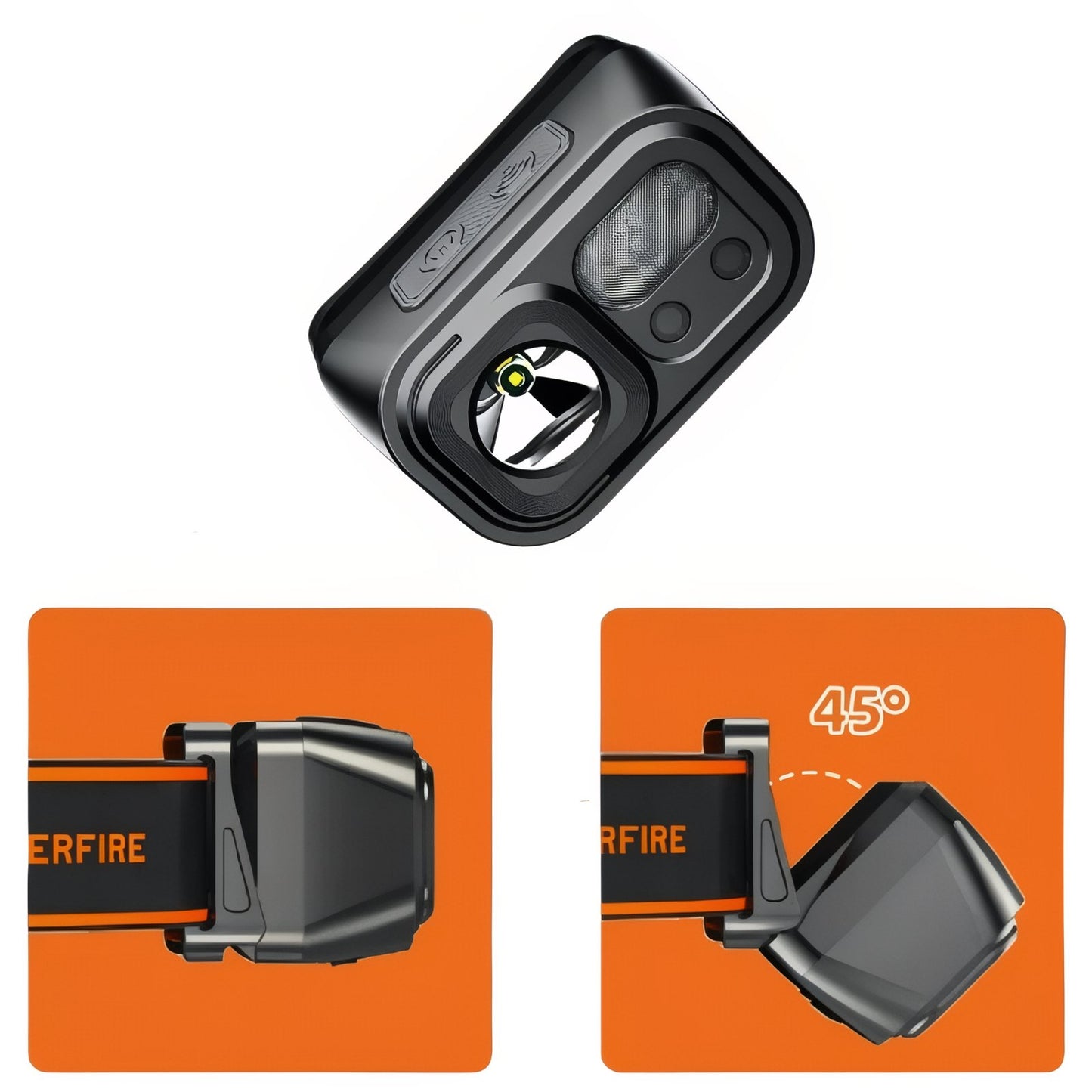 Lampe Frontale 9 Modes Rechargeable gros plan bouton et lentille - Noir et Orange