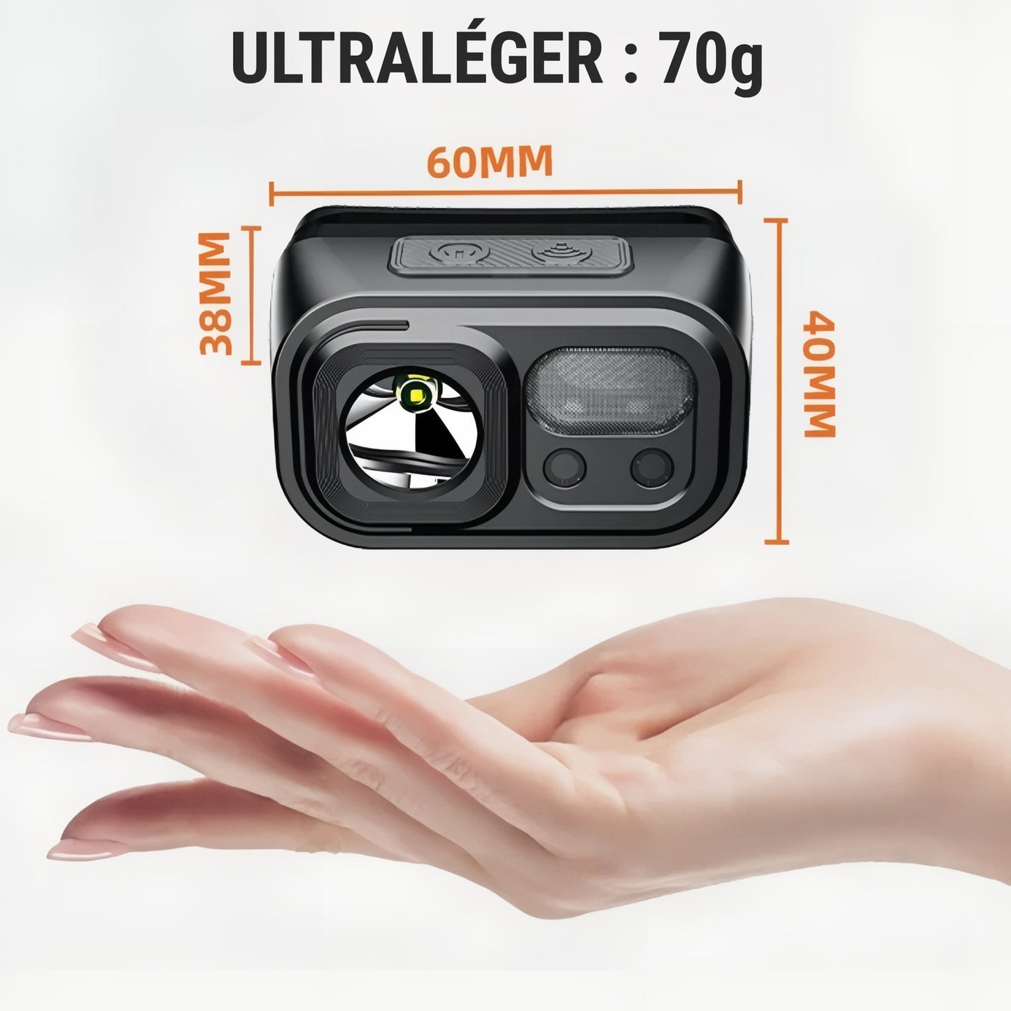Lampe Frontale 9 Modes Rechargeable guide des dimensions - Noir et Orange