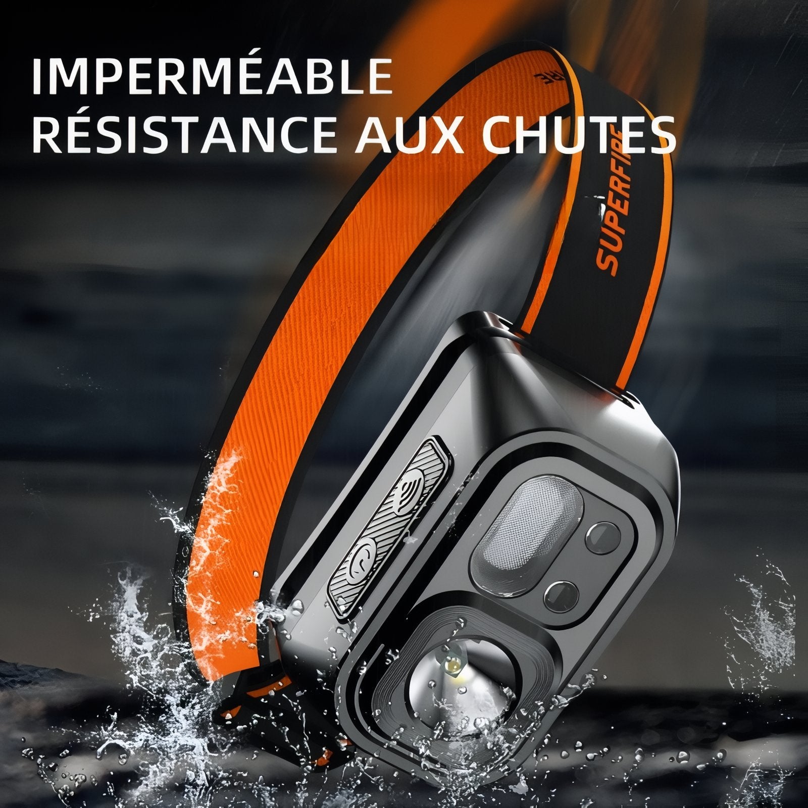 Lampe Frontale 9 Modes Rechargeable gros plan produit en action - Noir et Orange