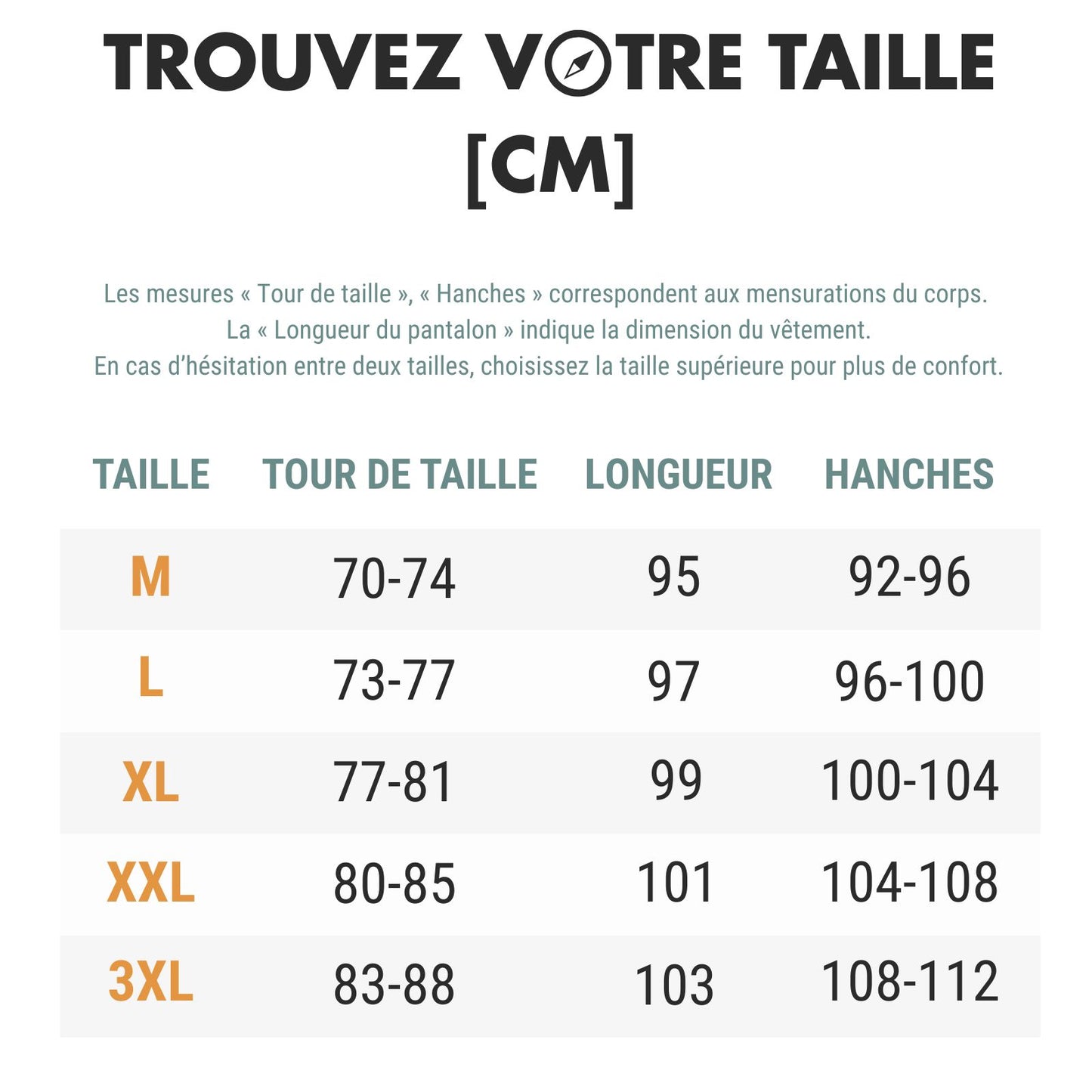 Pantalon Randonnée Déperlant Femme guide des dimensions - Violet Fuchsia - Bleu Marine - Noir