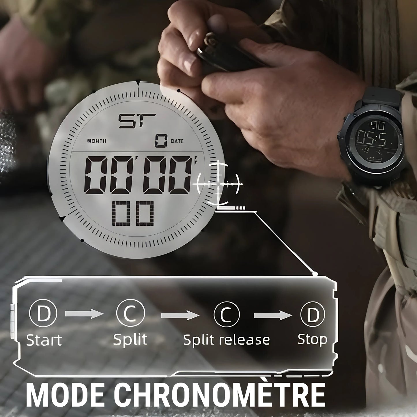 Montre Homme Randonnée mode chronomètre affiché - Noir Mat - Noir et Vert Olive