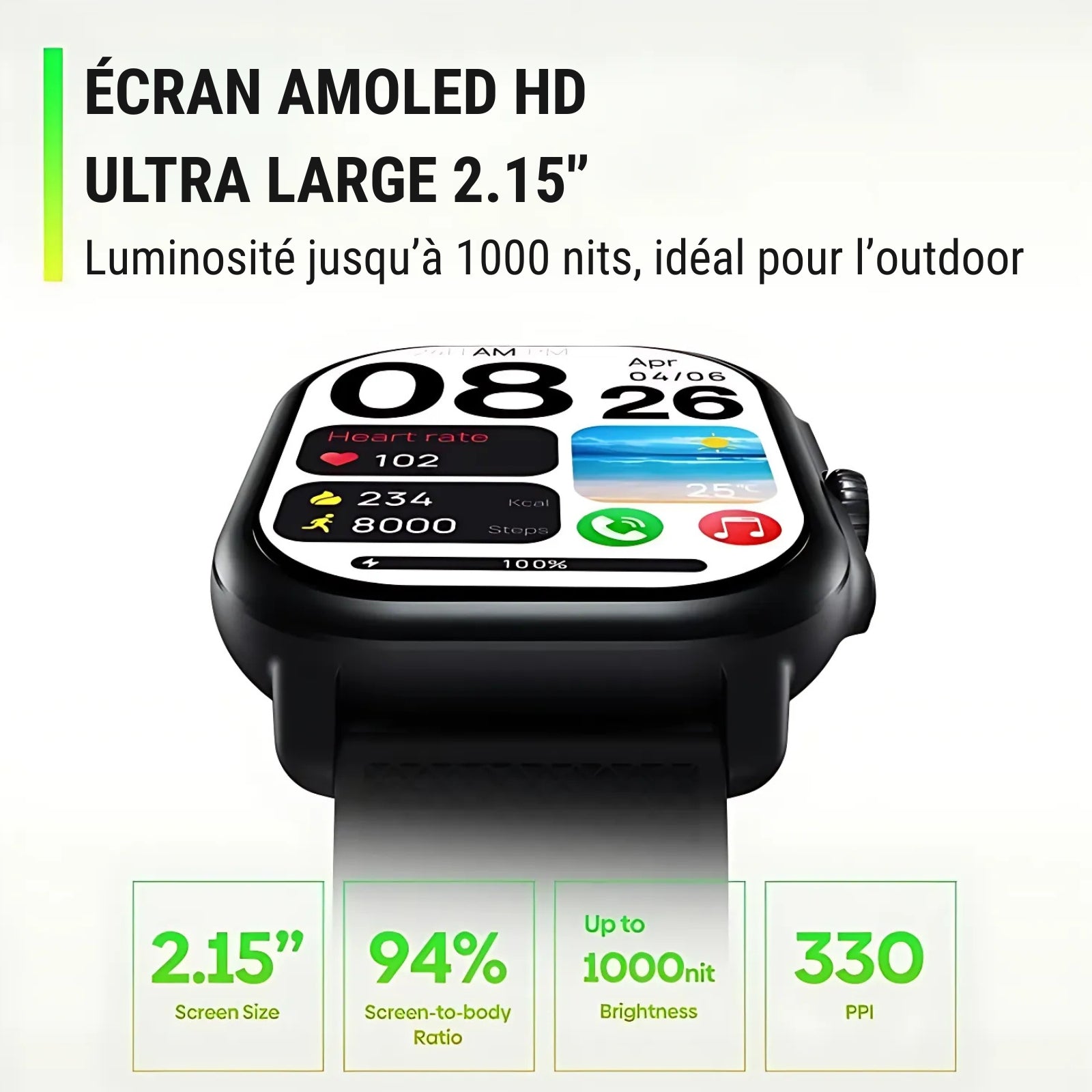 Montre GPS Randonnée Avec Cartographie gros plan écran - Noir - Blanc Cassé