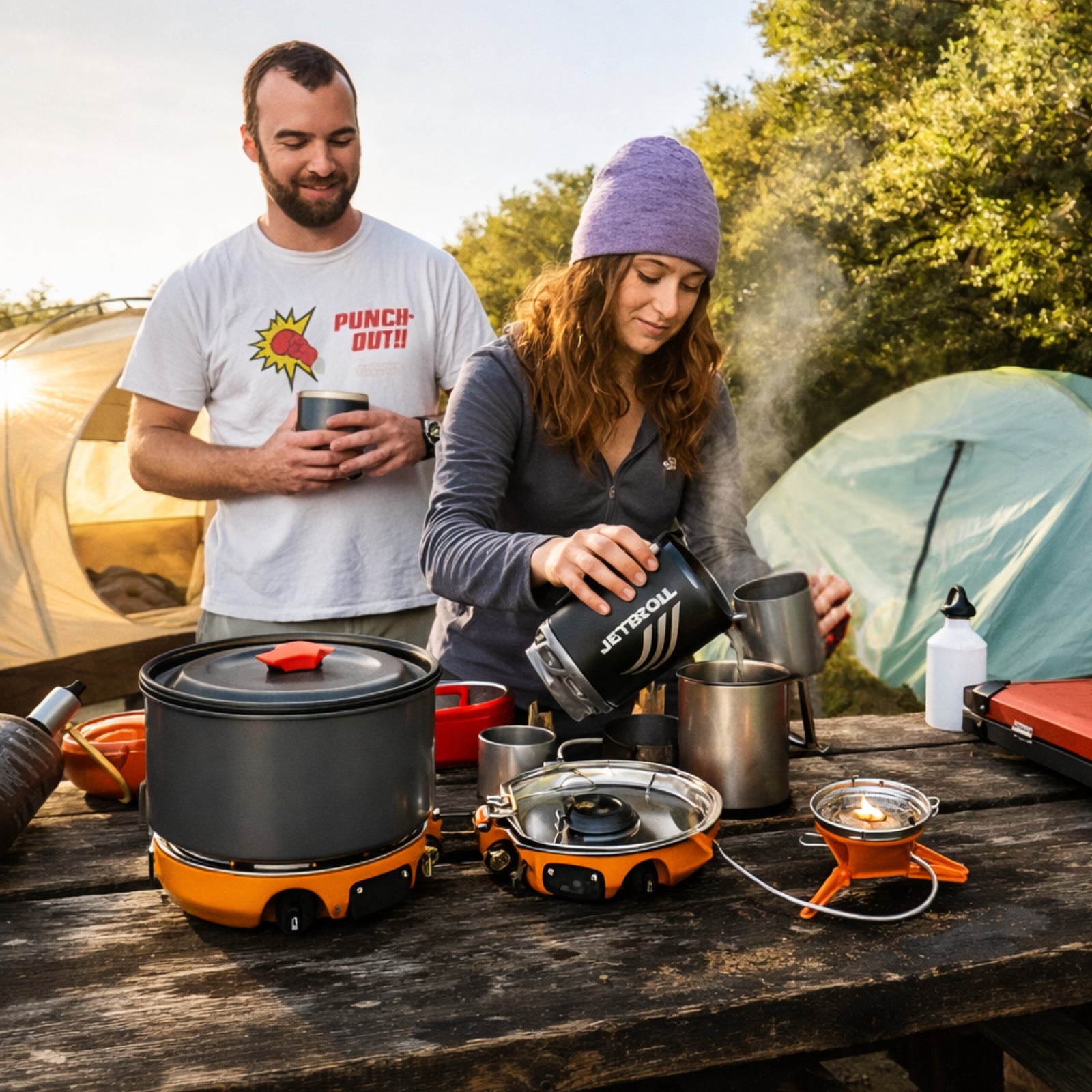 Popote Trek 2 Personnes mise en situation camping - Noir et Orange - Gris et Vert Fluo