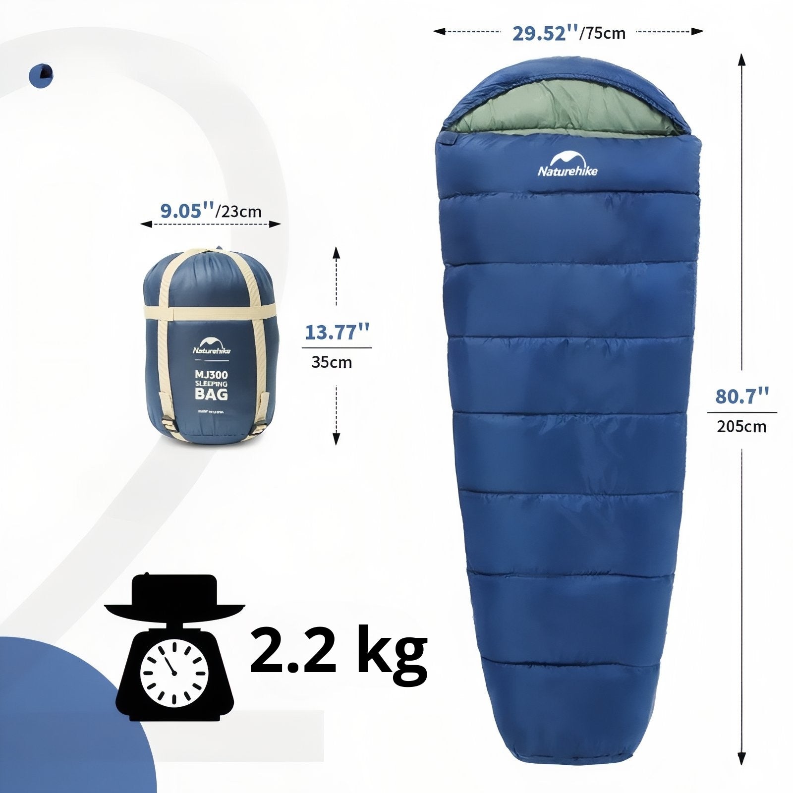 Sac De Couchage 4 Saisons Bleu guide des dimensions - Bleu Marine et Vert Clair