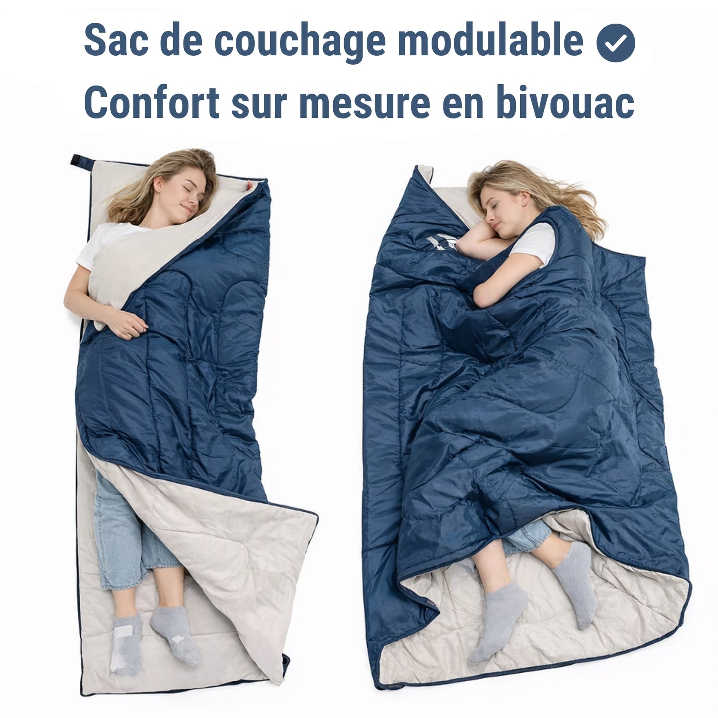 Sac De Couchage Randonnée Léger mise en situation portée - Vert Olive - 190x75cm - 800g - Bleu Nuit - 205x85cm - 950g