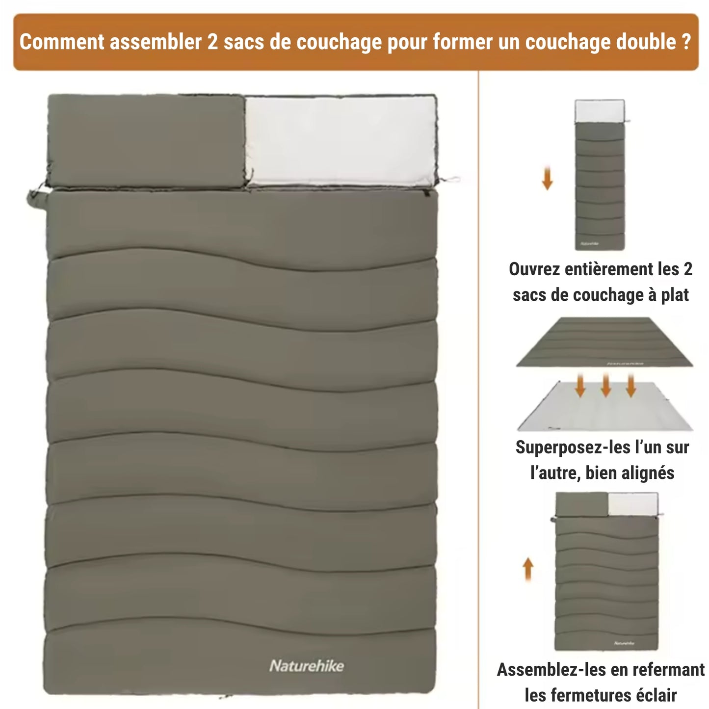 Sac de Couchage Jumelable Léger guide d'assemblage - Vert Olive - Beige Clair