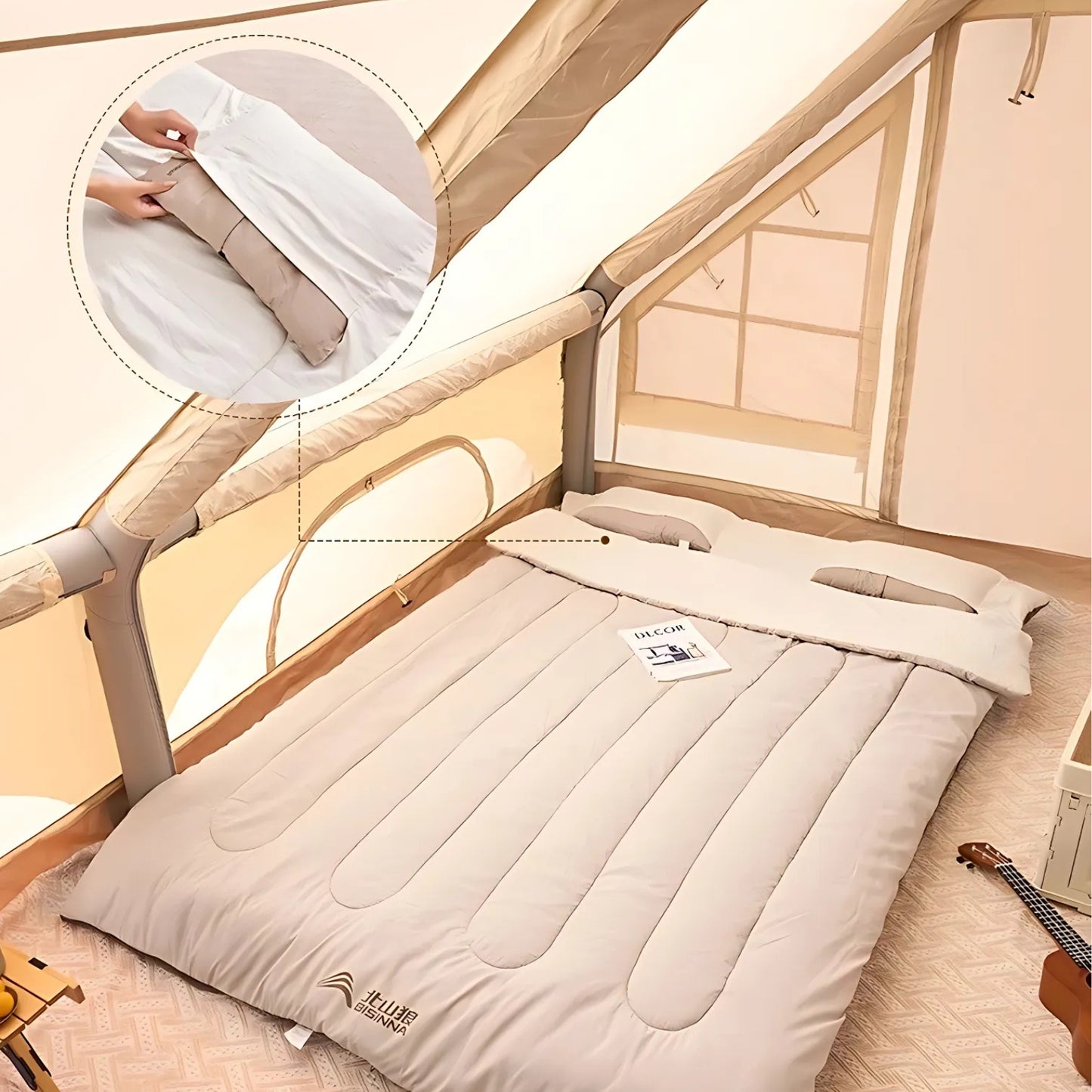 Sac De Couchage 2 Personnes Détachable mise en situation dans tente - 12°C à 20°C / 2.6Kg - 5°C à 10°C / 3.2Kg