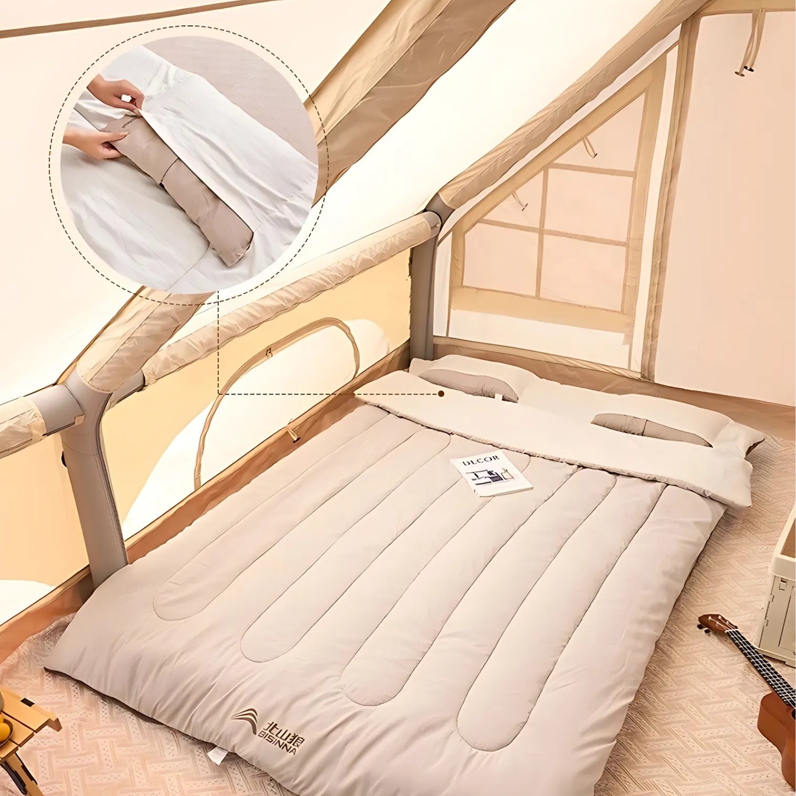 Sac De Couchage 2 Personnes Détachable mise en situation dans tente - 12°C à 20°C / 2.6Kg - 5°C à 10°C / 3.2Kg