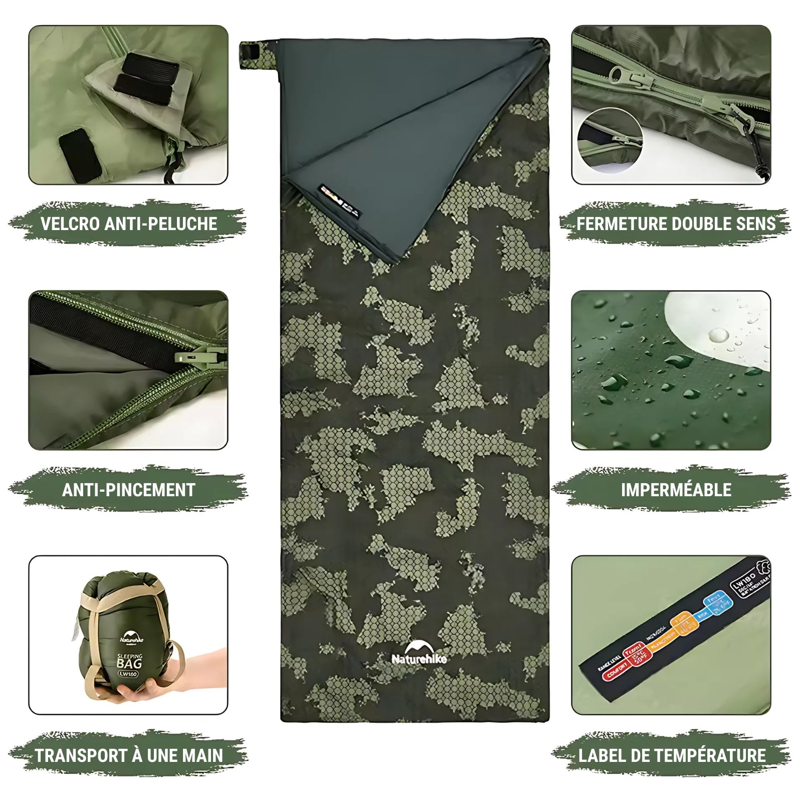 Sac De Couchage Camouflage Ultra Léger détails des fonctionnalités - 190x75cm - 480g - 205x85cm - 560g