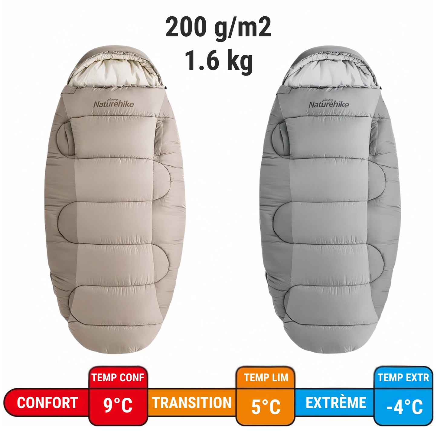 Sac De Couchage Extra Large deux sacs alignés - Beige Clair - Gris Clair