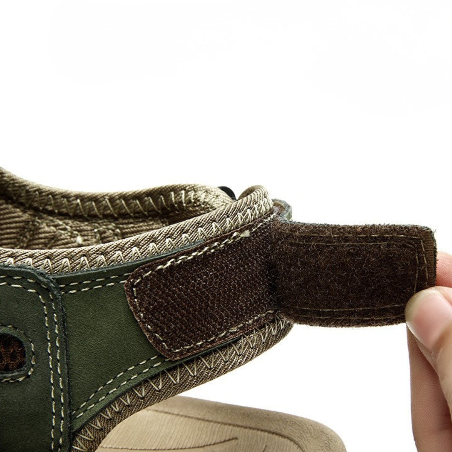 Sandales Randonnée Cuir Homme gros plan sangle velcro - Marron Clair - Marron Foncé et Beige - Vert Olive et Beige - Marron et Beige - Noir et Beige - Vert Foncé et Beige