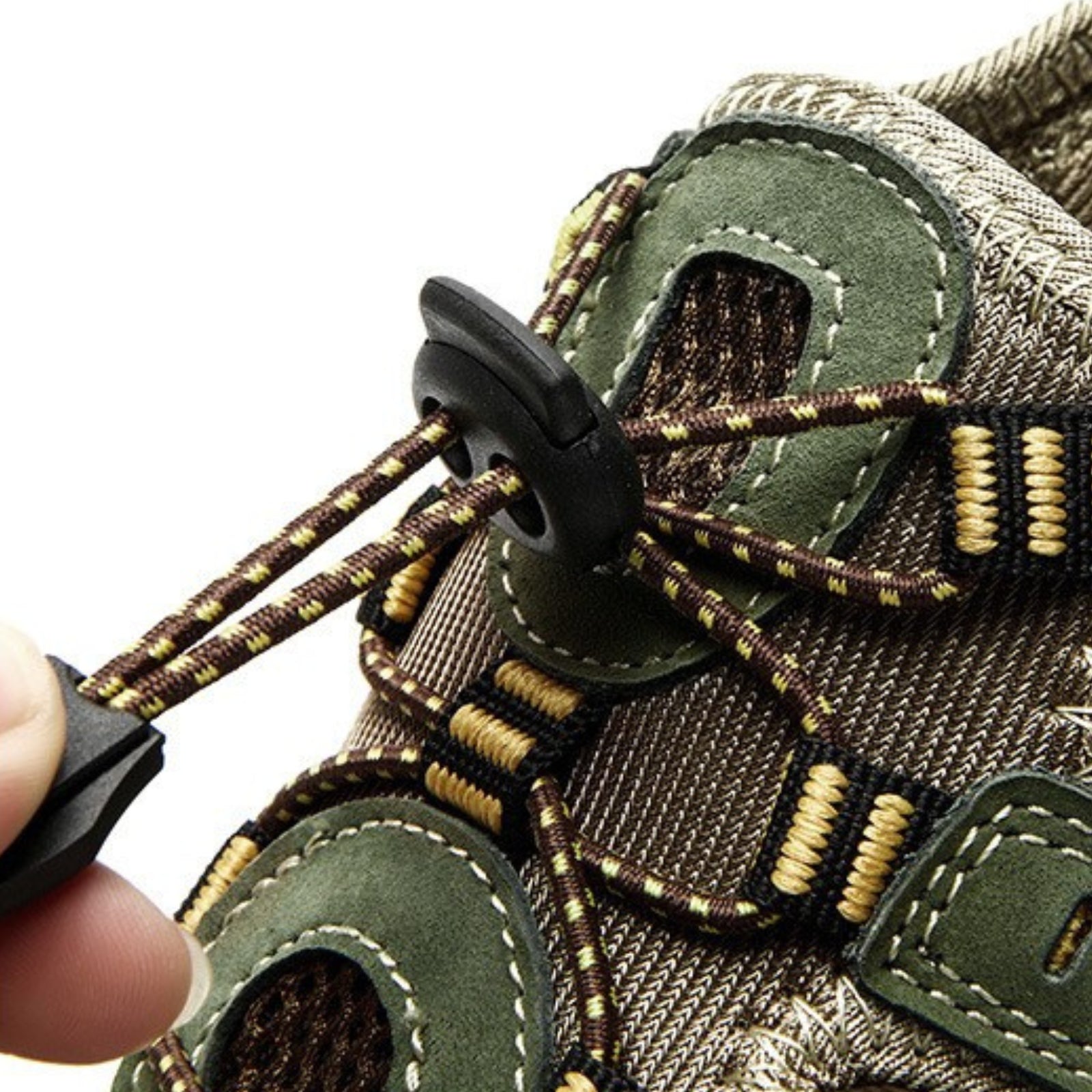 Sandales Randonnée Cuir Homme gros plan système de laçage - Marron Clair - Marron Foncé et Beige - Vert Olive et Beige - Marron et Beige - Noir et Beige - Vert Foncé et Beige